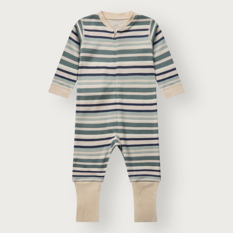 Baby stripet heldress i grønt, blått, krem med lange ermer, hellange ben og glidelås foran.