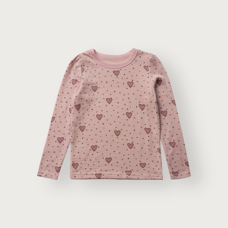 Barns rosa langermet genser med små konturerte og solide hjerter i nyanser av rosa.