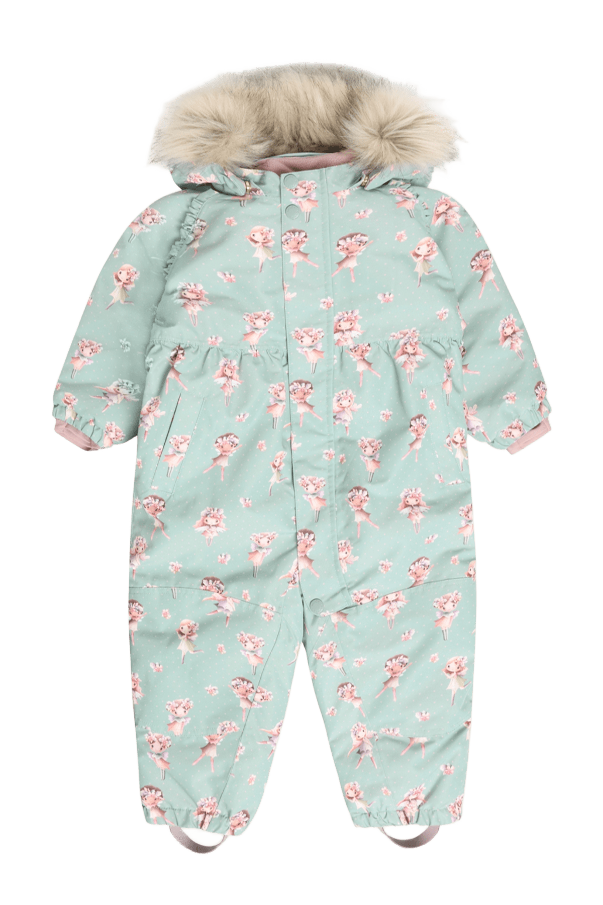 Mintgrønn babydress med rosa ballerina-trykk, fuskepelshette, volanger og glidelås foran.