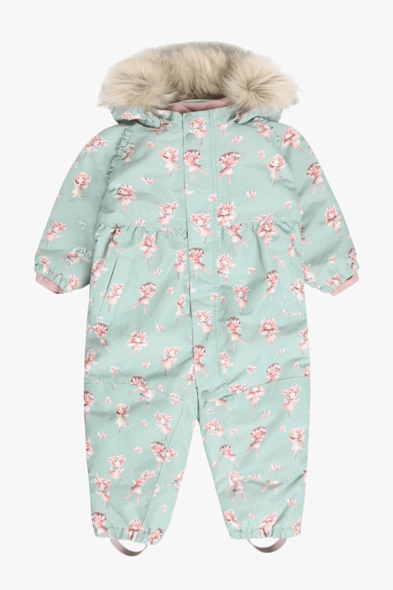 Mintgrønn babydress med rosa ballerina-trykk, fuskepelshette, volanger og glidelås foran.