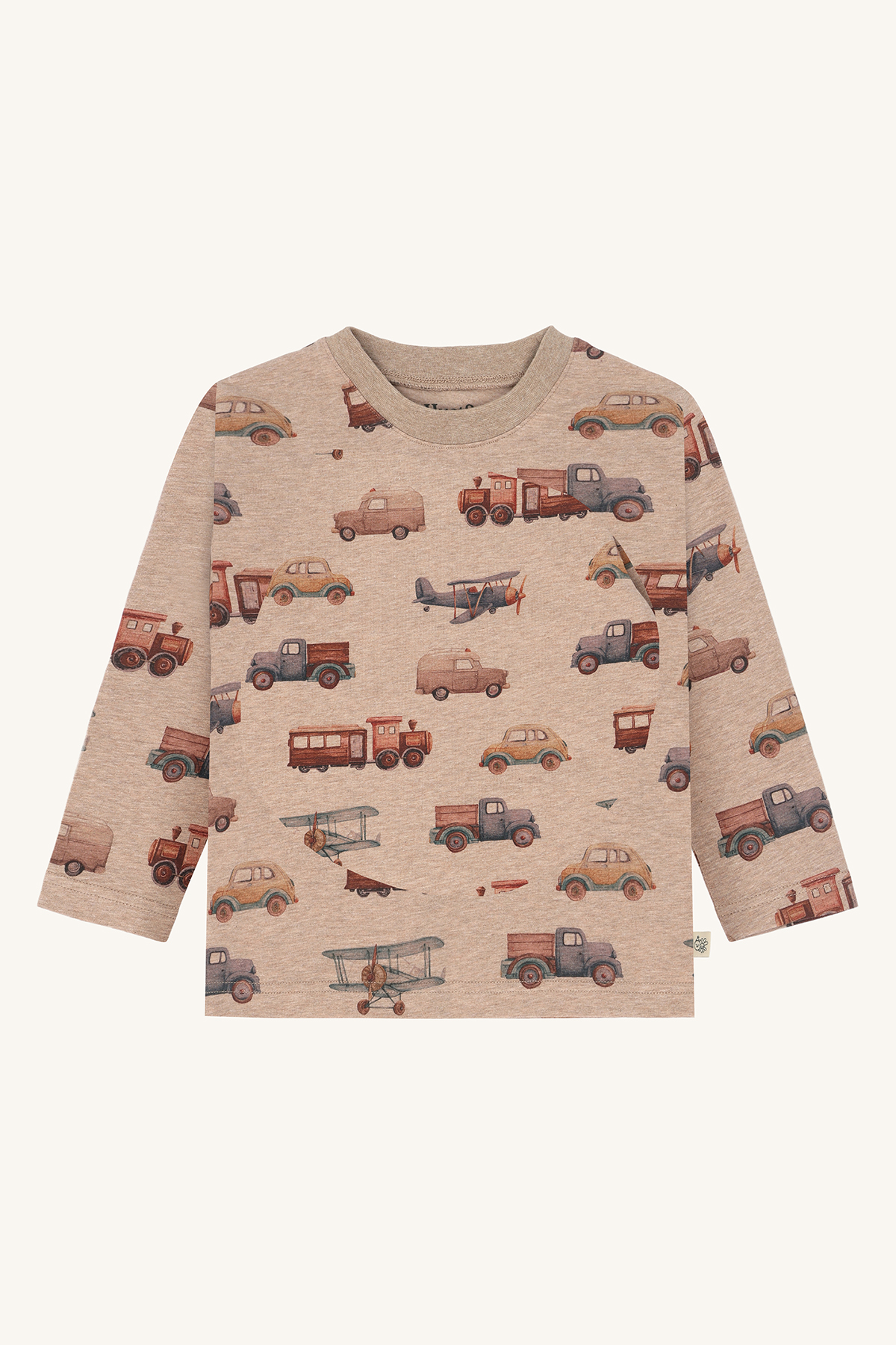Barns beige langermet t-skjorte med allover vintage kjøretøymønster og ribbet hals.