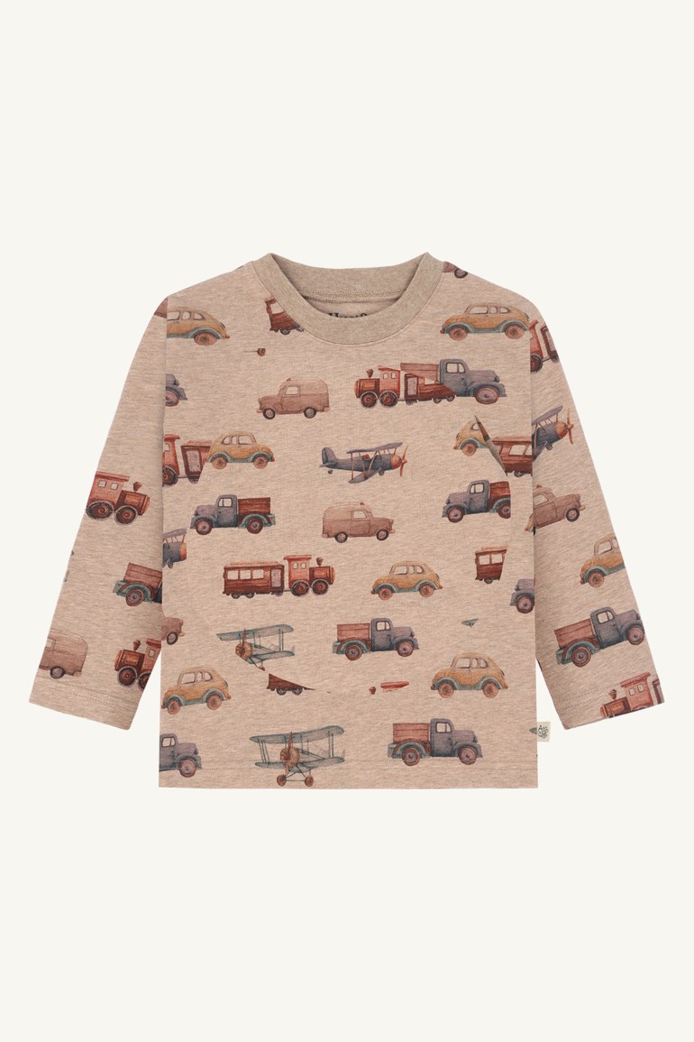 Barns beige langermet t-skjorte med allover vintage kjøretøymønster og ribbet hals.