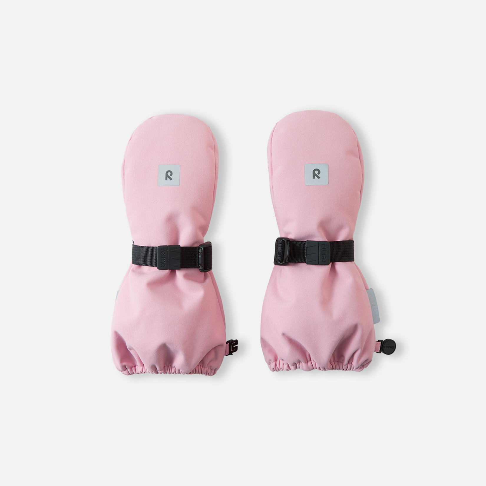 Et par rosa votter med svarte justerbare stropper og spenner, elastiske mansjetter og reflekterende R-logo.
