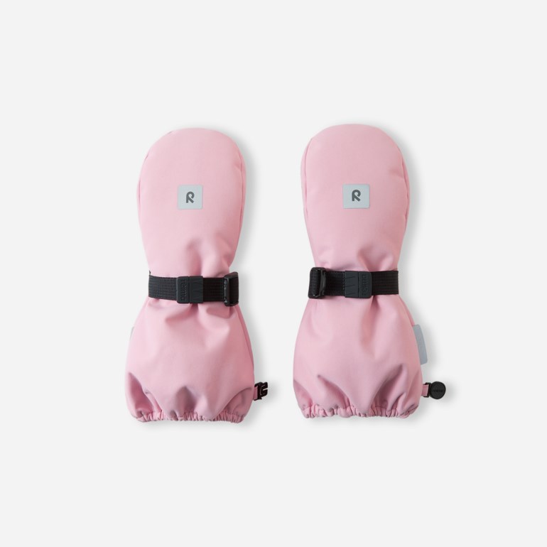 Et par rosa votter med svarte justerbare stropper og spenner, elastiske mansjetter og reflekterende R-logo.