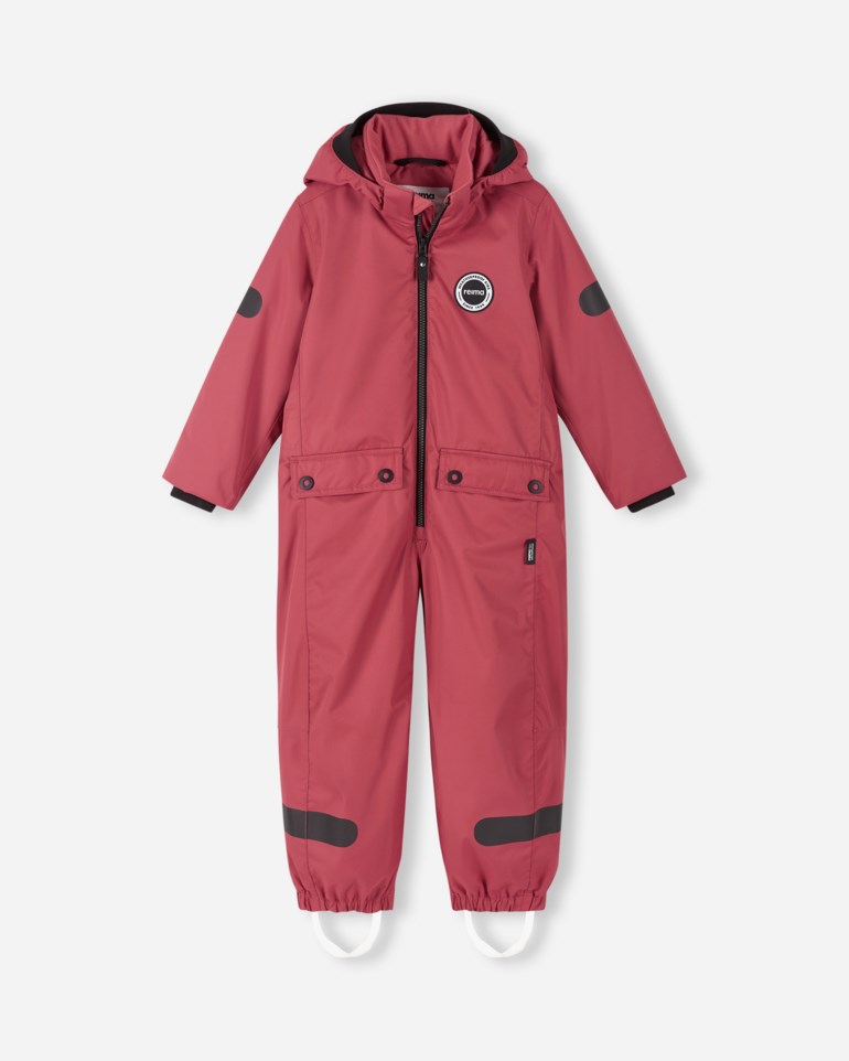 Barns mørkerøde kjeledress med hette, svart glidelås, to lommer, samt skulder- og benlapper.