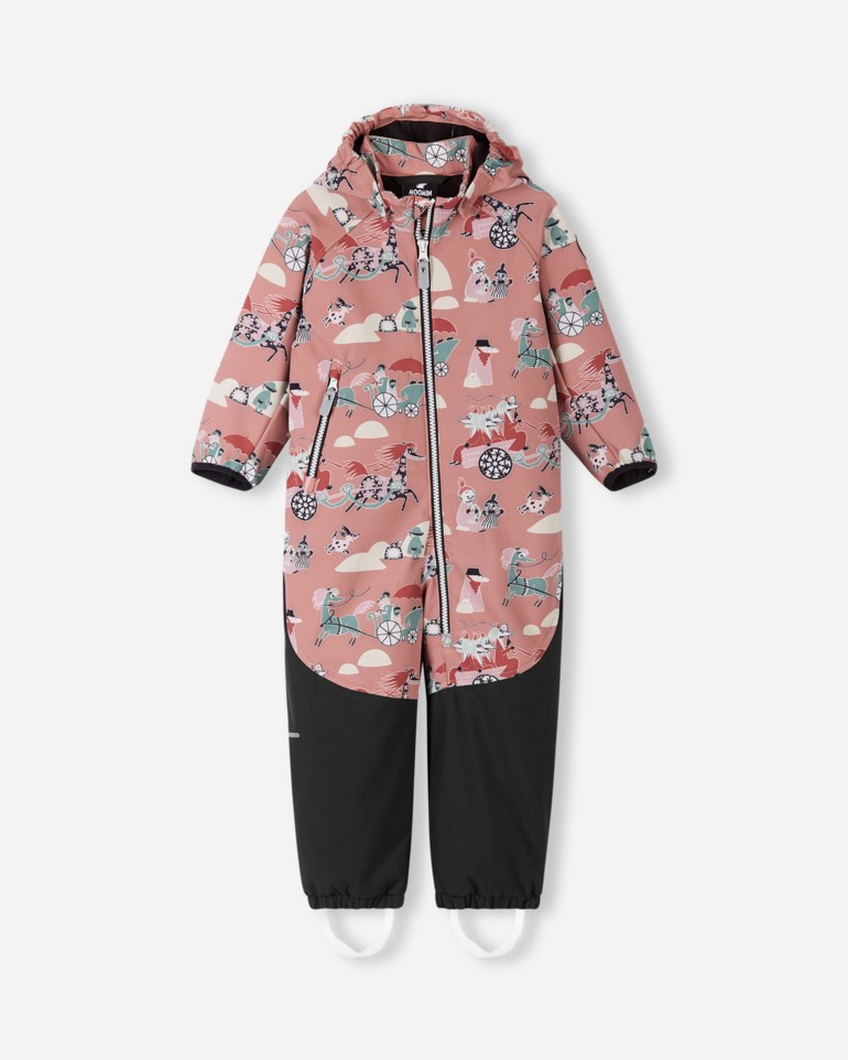Barnedress med hette, rosa Moomin-mønster, lange ermer, glidelås foran og svarte ben med fotstropper.