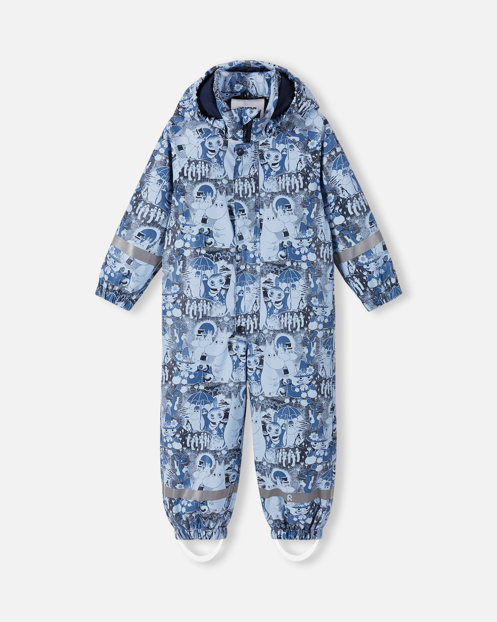 Barnas blå Moomin-mønstrede vanntette overall med hette, glidelås, reflekser og fotstropper.