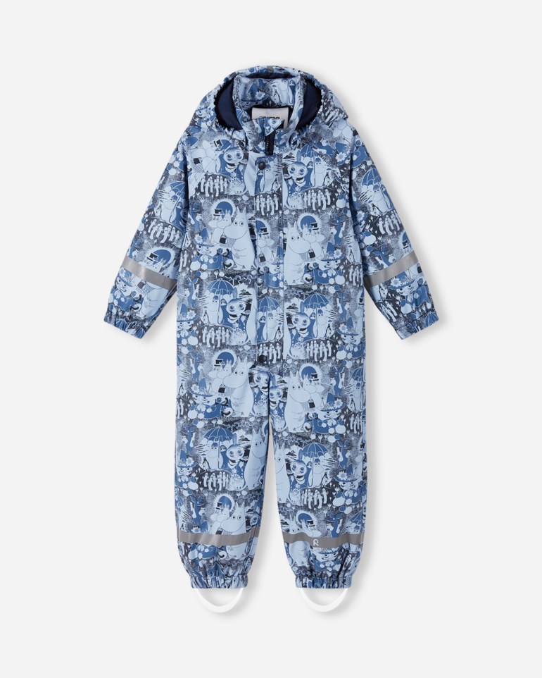 Barnas blå Moomin-mønstrede vanntette overall med hette, glidelås, reflekser og fotstropper.