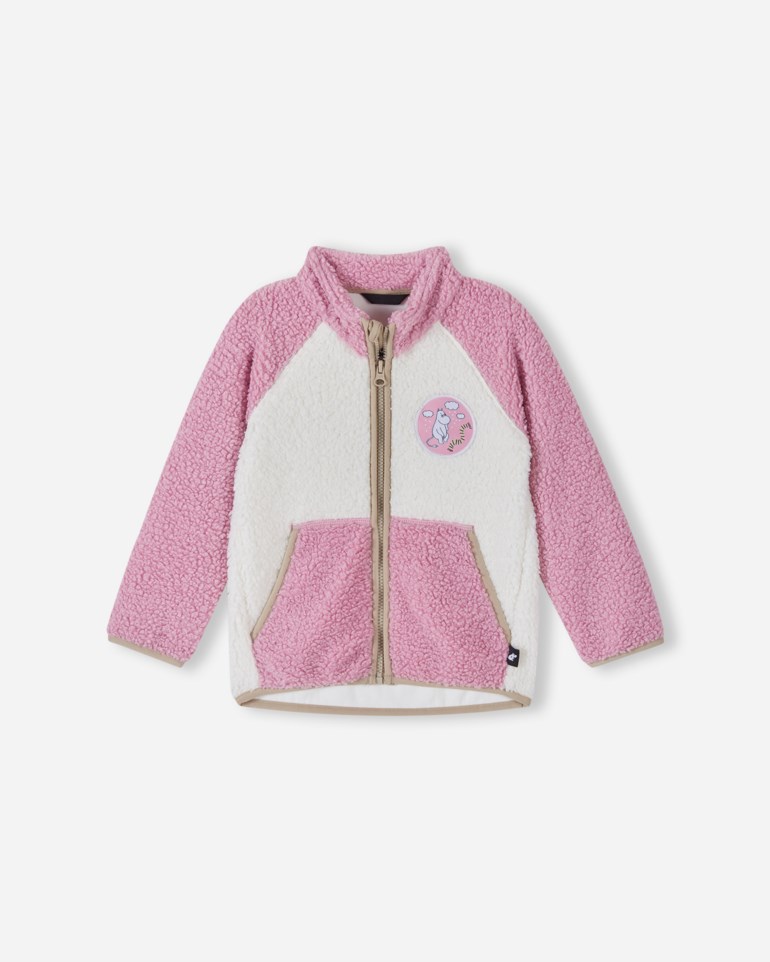 Front av rosa og hvit fleece barnejakke med glidelås, to lommer og karaktermerke.