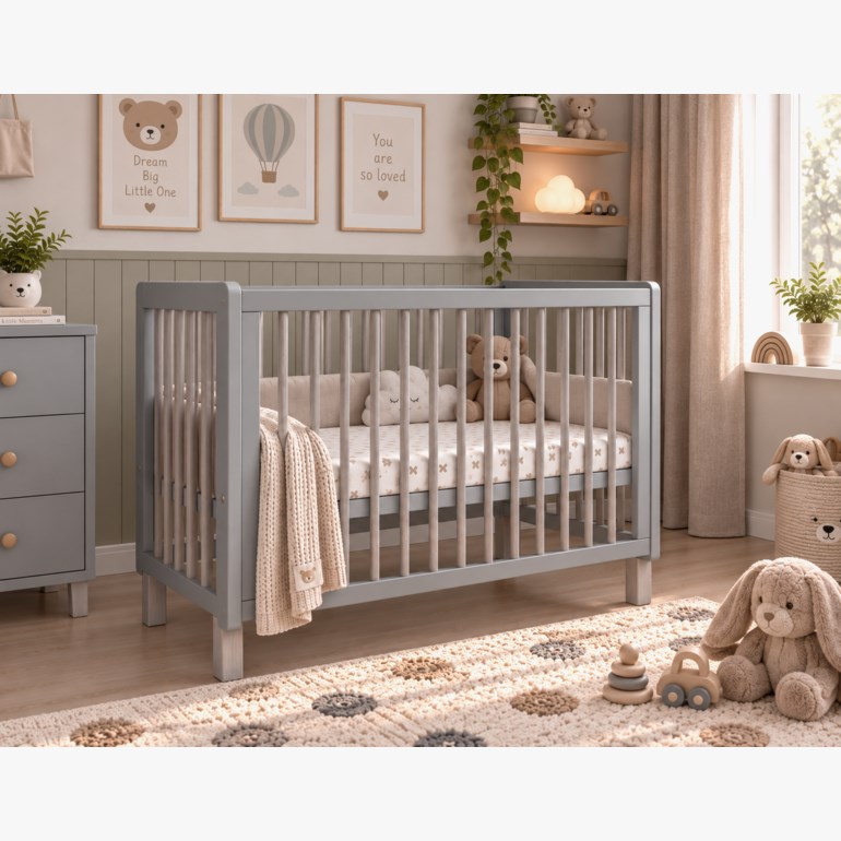 Grå babyseng i tre med lysmønstret madrass, beige strikket teppe, grå kommode og kremfarget mønstret teppe.
