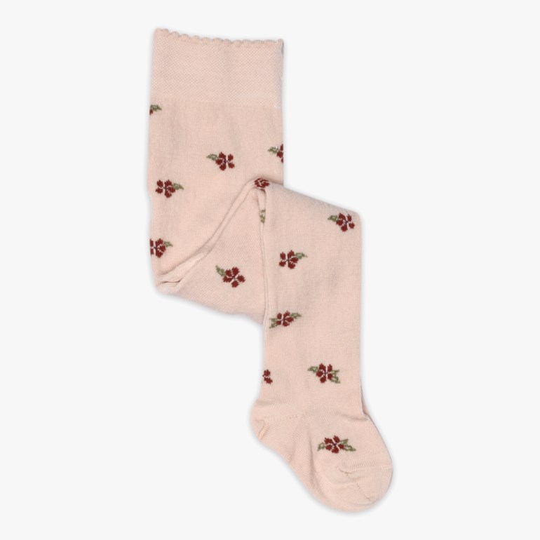 Lys rosa babystrømpebukse med mørkerødt blomstermønster og ribbet bølget midjekant.