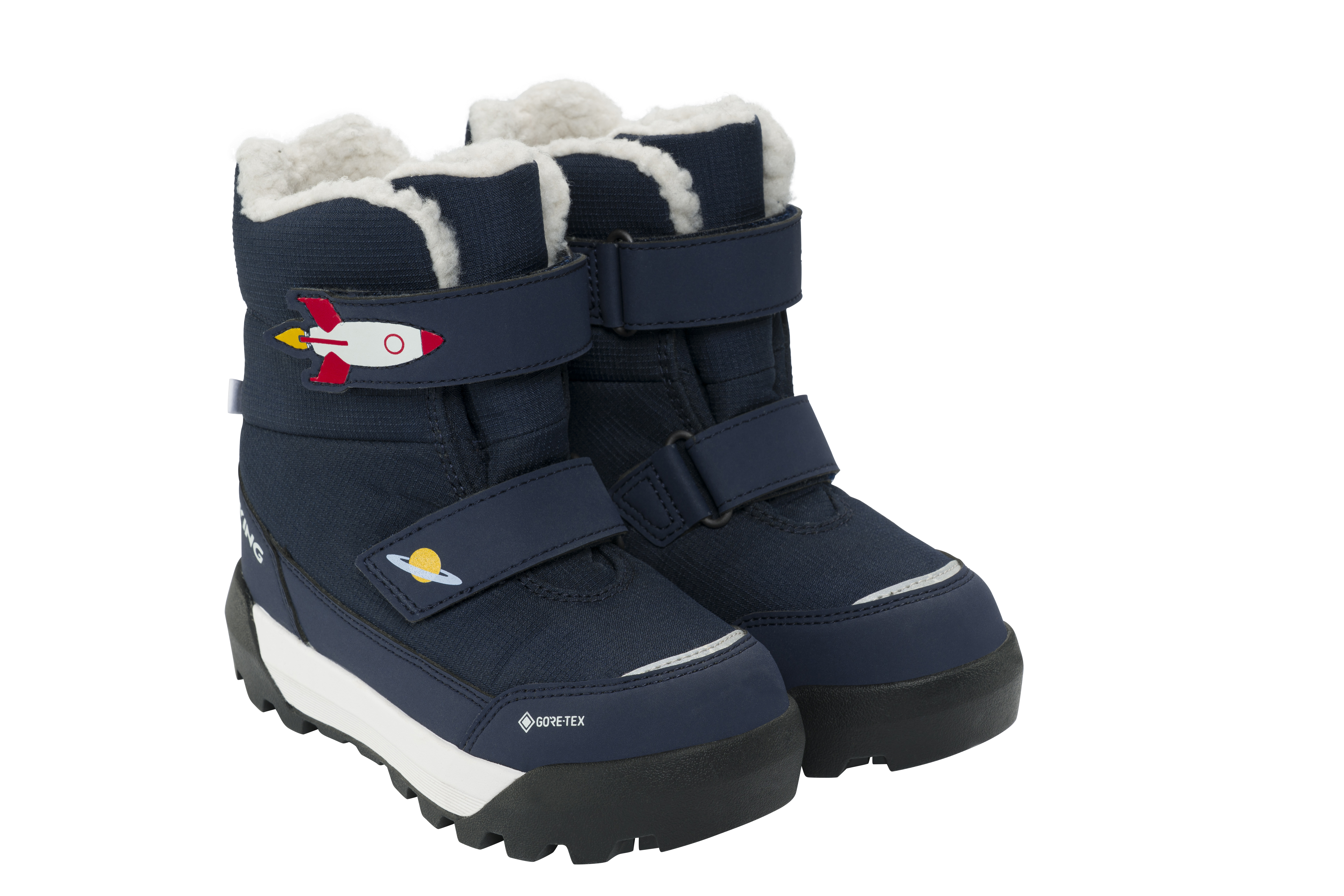 Marineblå GORE-TEX vinterstøvler for barn med hvitt pelsfôr, borrelåser, rakett- og Saturn-grafikk.