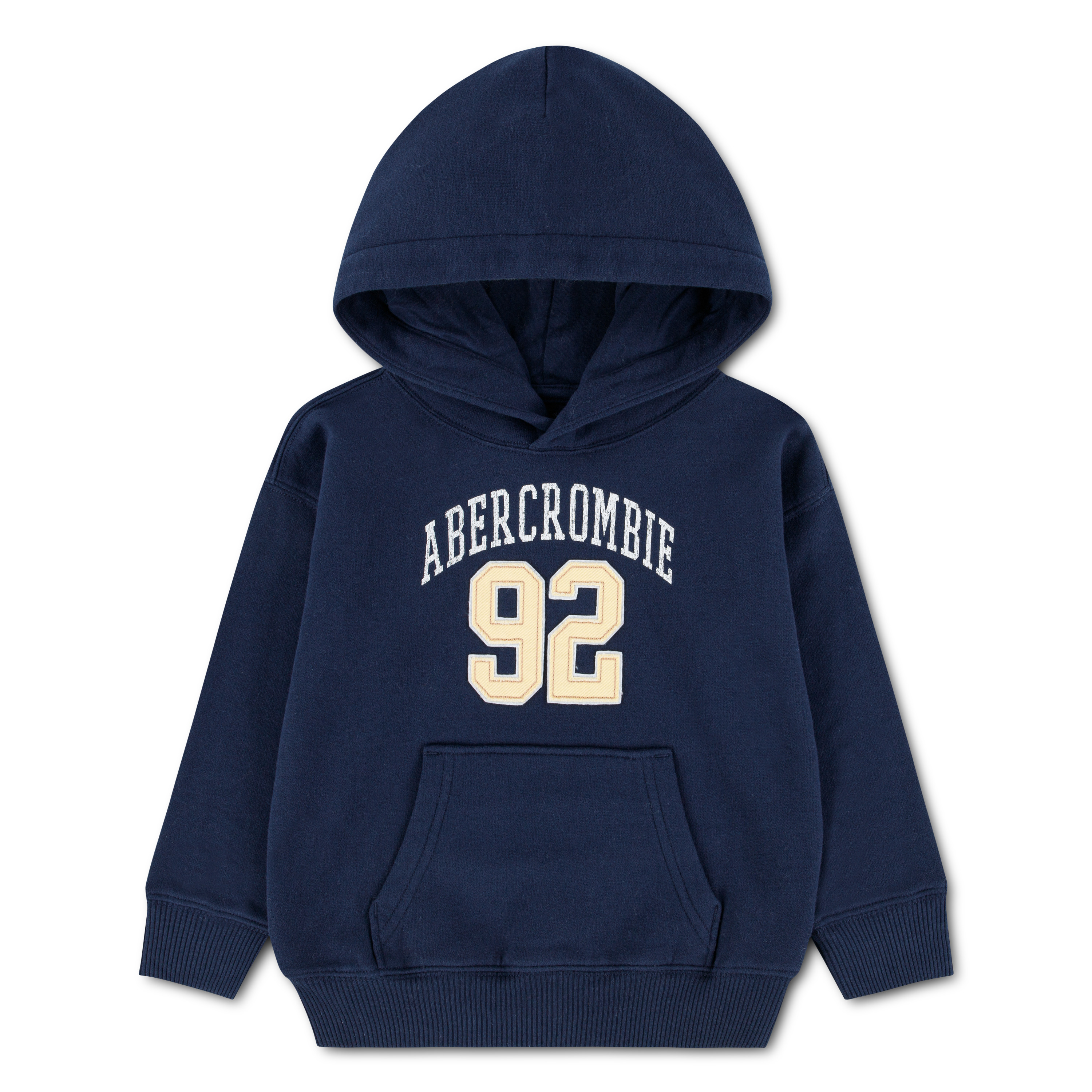 Mørkeblå barnehettegenser med kremfarget Abercrombie 92-trykk, hette, lange ermer og frontlomme.