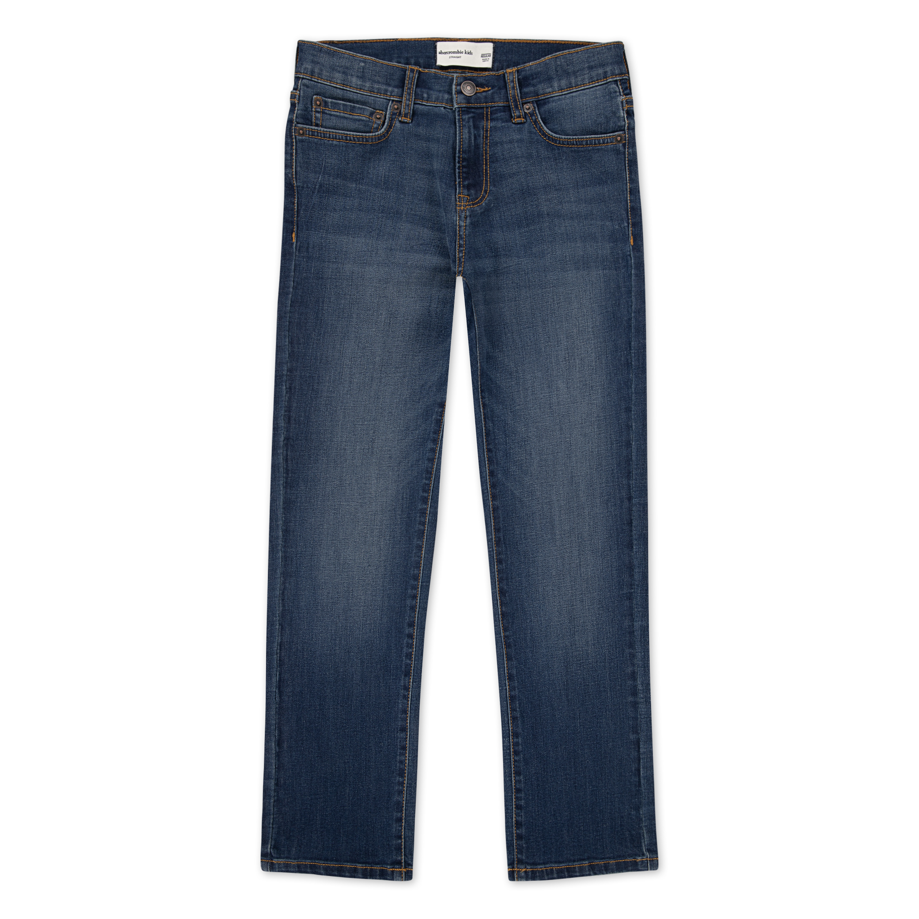 Mørkeblå rette jeans for barn med fem lommer og knappelukking foran.