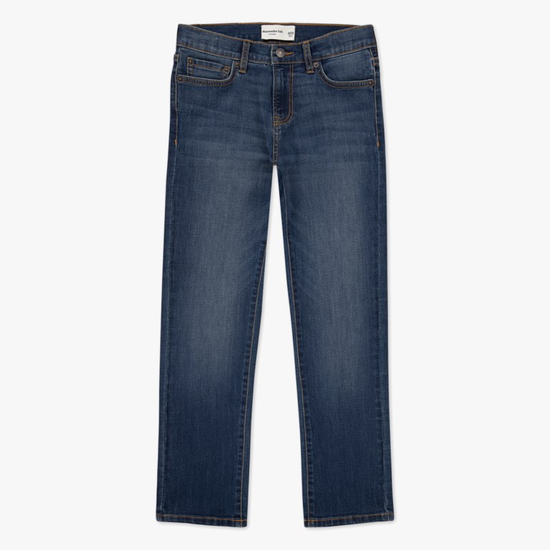 Mørkeblå rette jeans for barn med fem lommer og knappelukking foran.