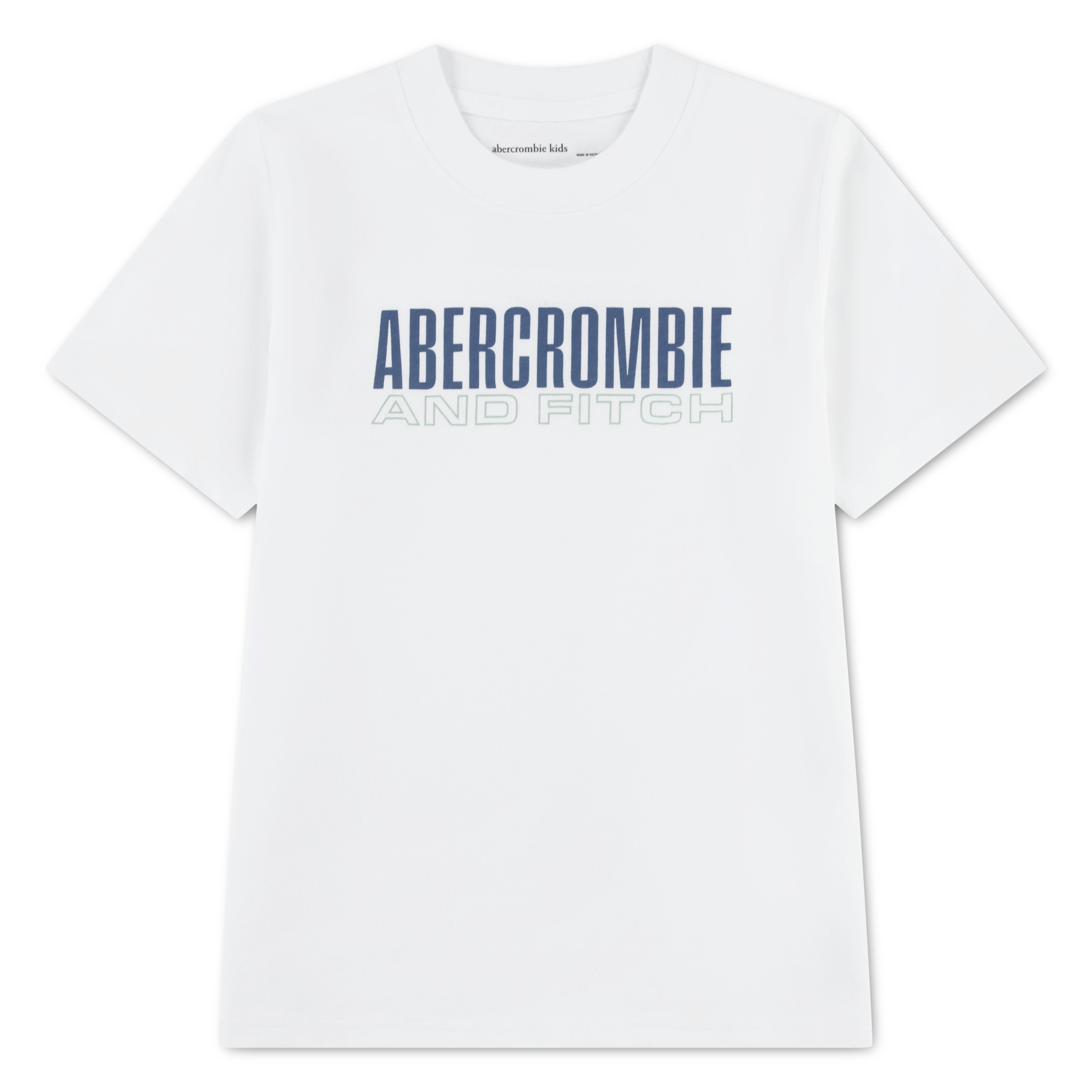 Hvit kortermet t-skjorte med rund hals og Abercrombie and Fitch logotekst, forfra.