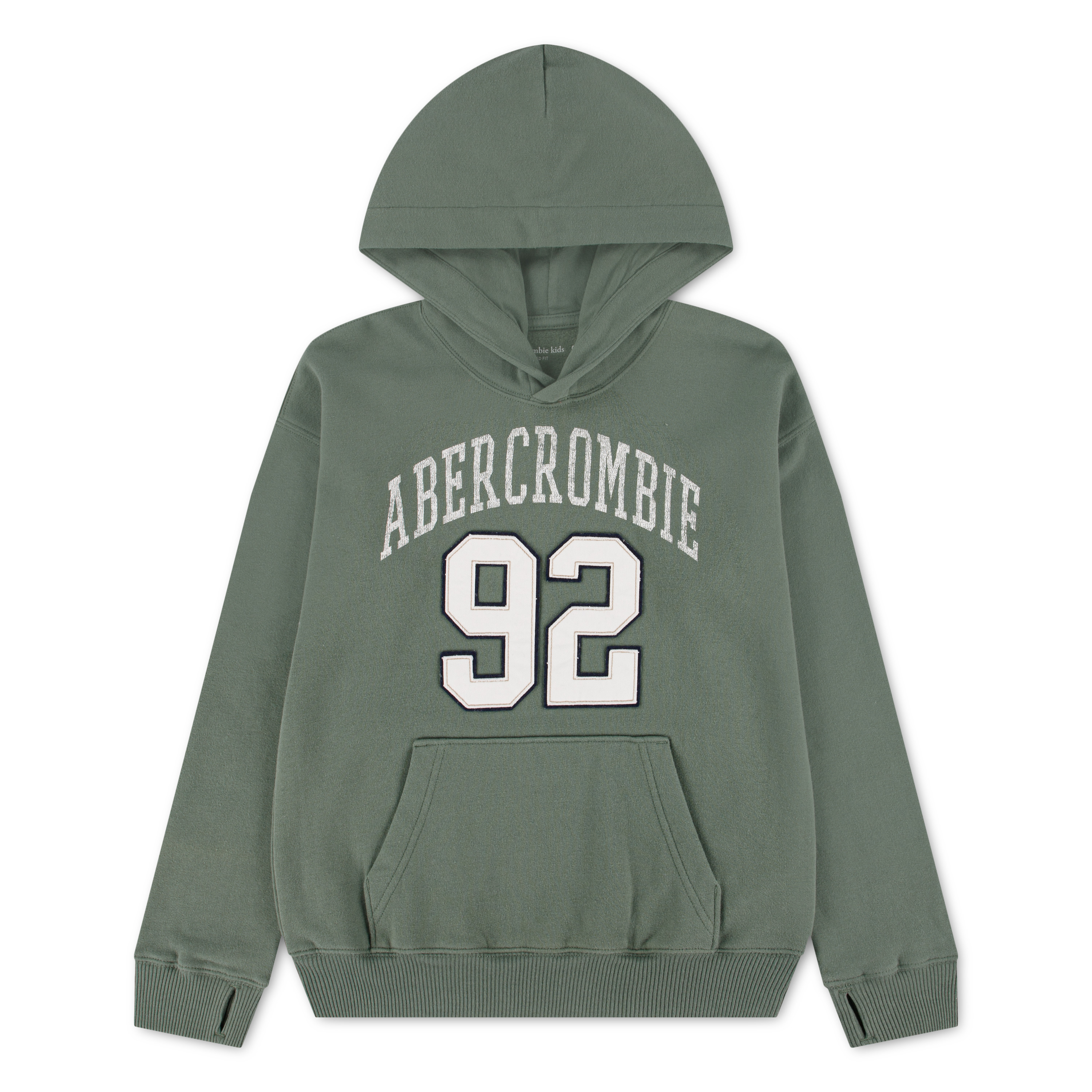 Grønn hettegenser med hette, kengurulomme, tommelhull og hvitt 'ABERCROMBIE 92' trykk.