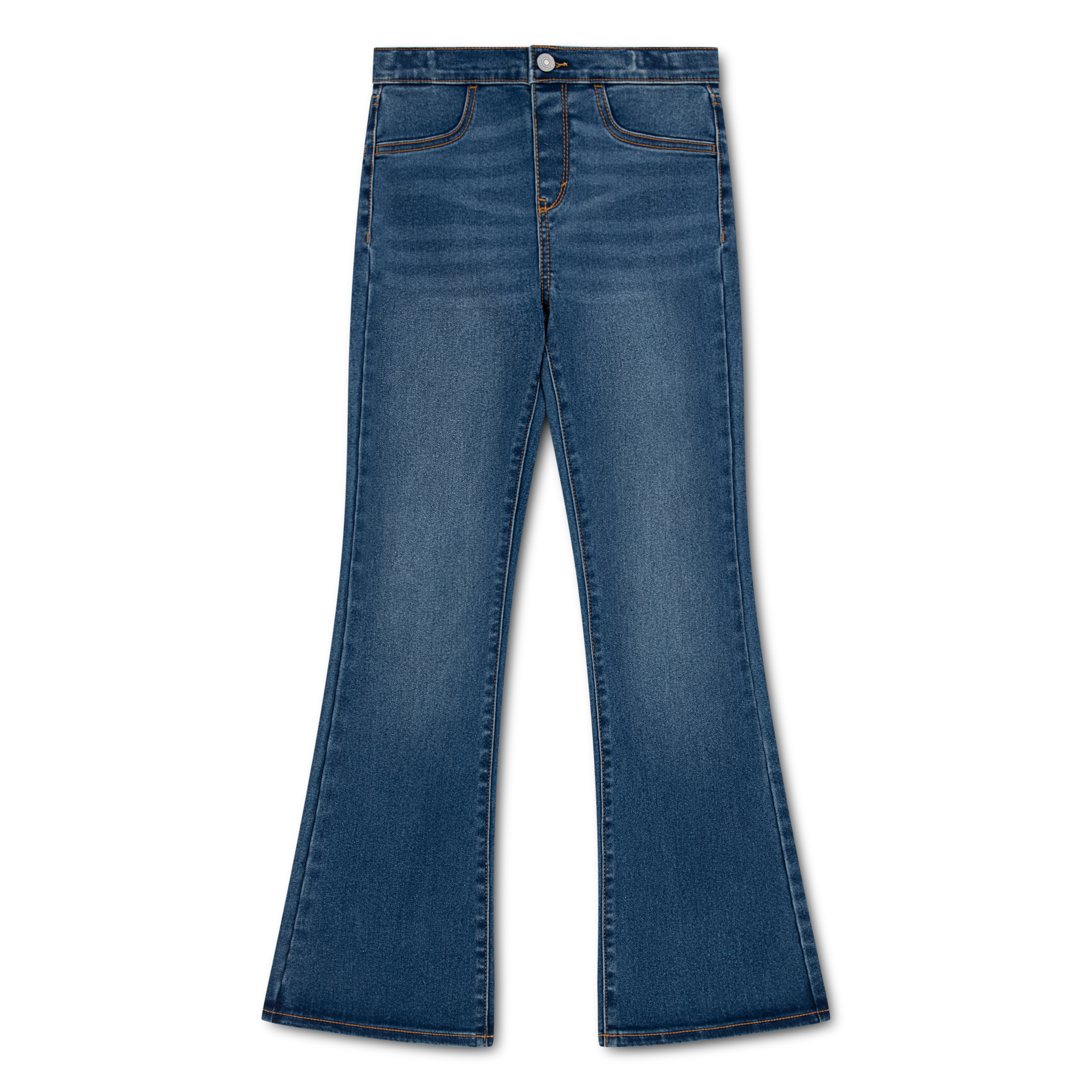 Frontbilde av blå denim utsvungne jeans med synlige lommer, knapp og oransje sømmer.