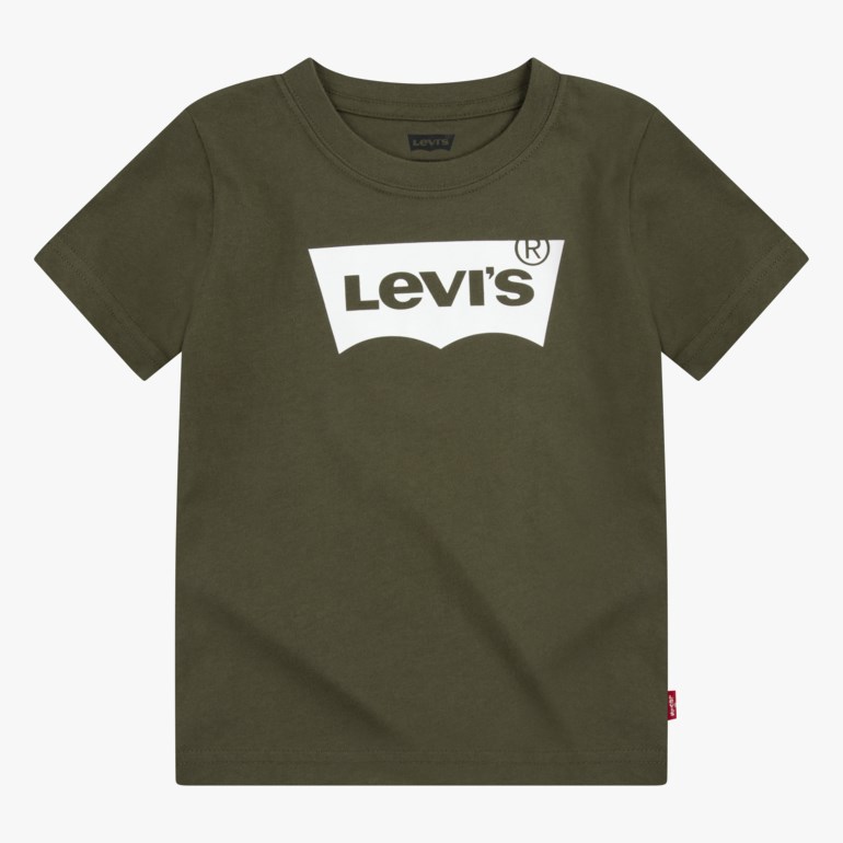 Kortarmet olivengrønn barn t-skjorte med hvit batwing-logo på brystet, forfra.