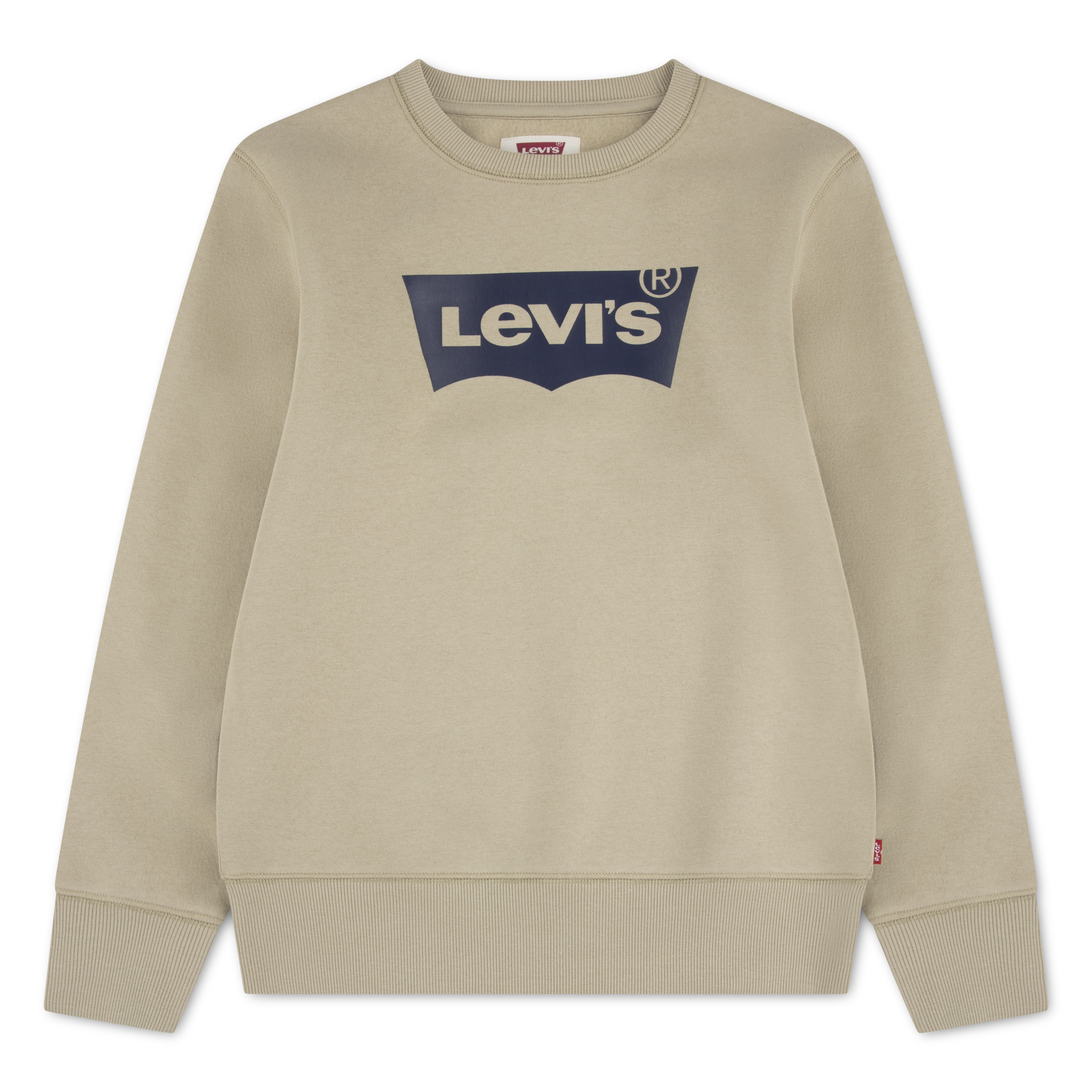 Beige langermet genser med rund hals og marineblå Levi's-logo foran.