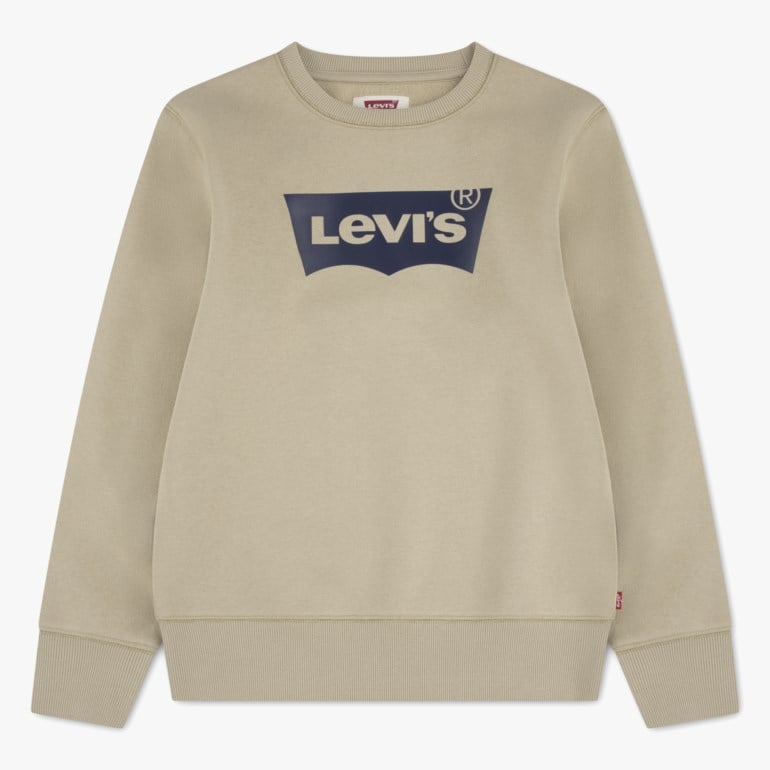 Beige langermet genser med rund hals og marineblå Levi's-logo foran.