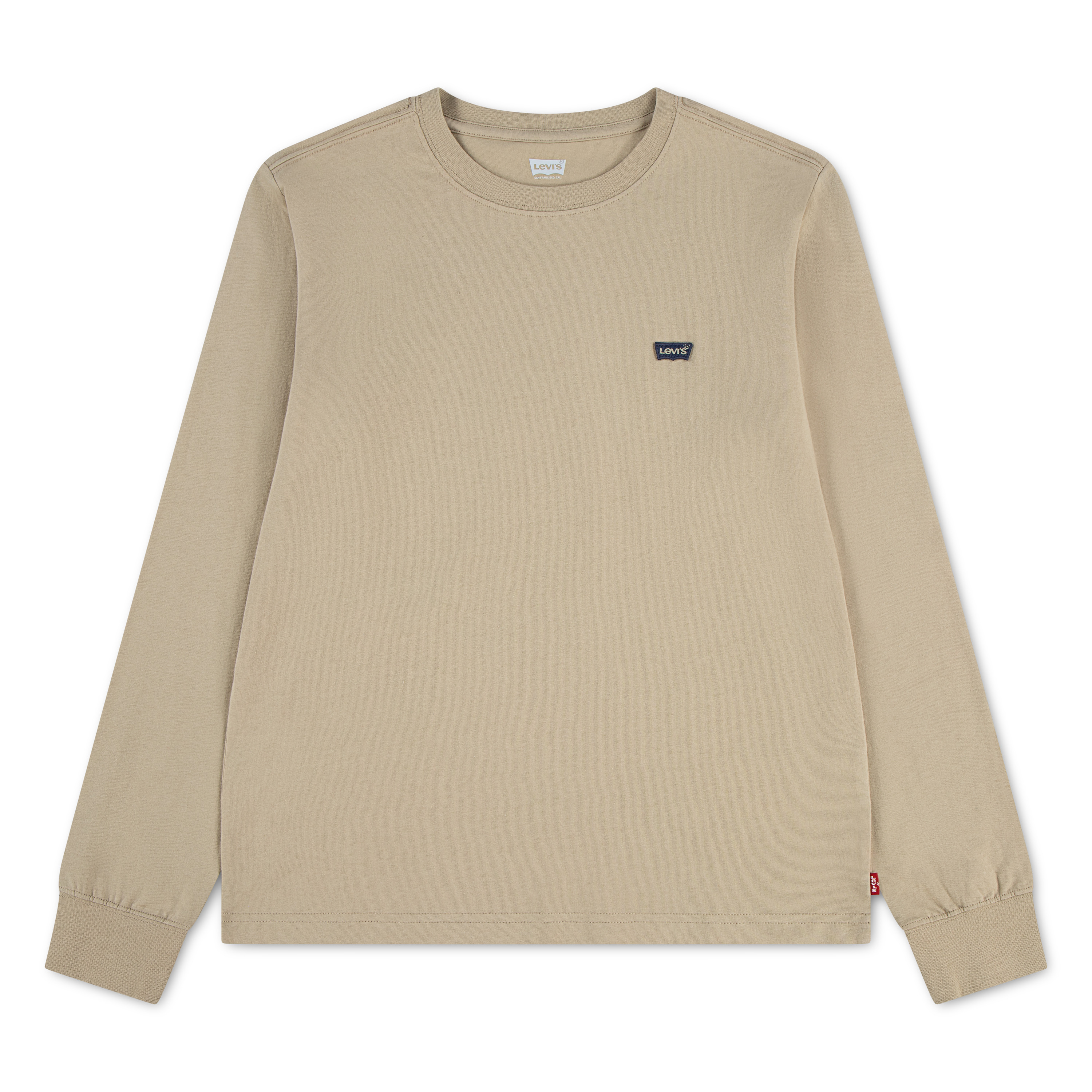 Frontvisning av en ensfarget beige langermet t-skjorte med rund hals og en liten Levi's-etikett på brystet.