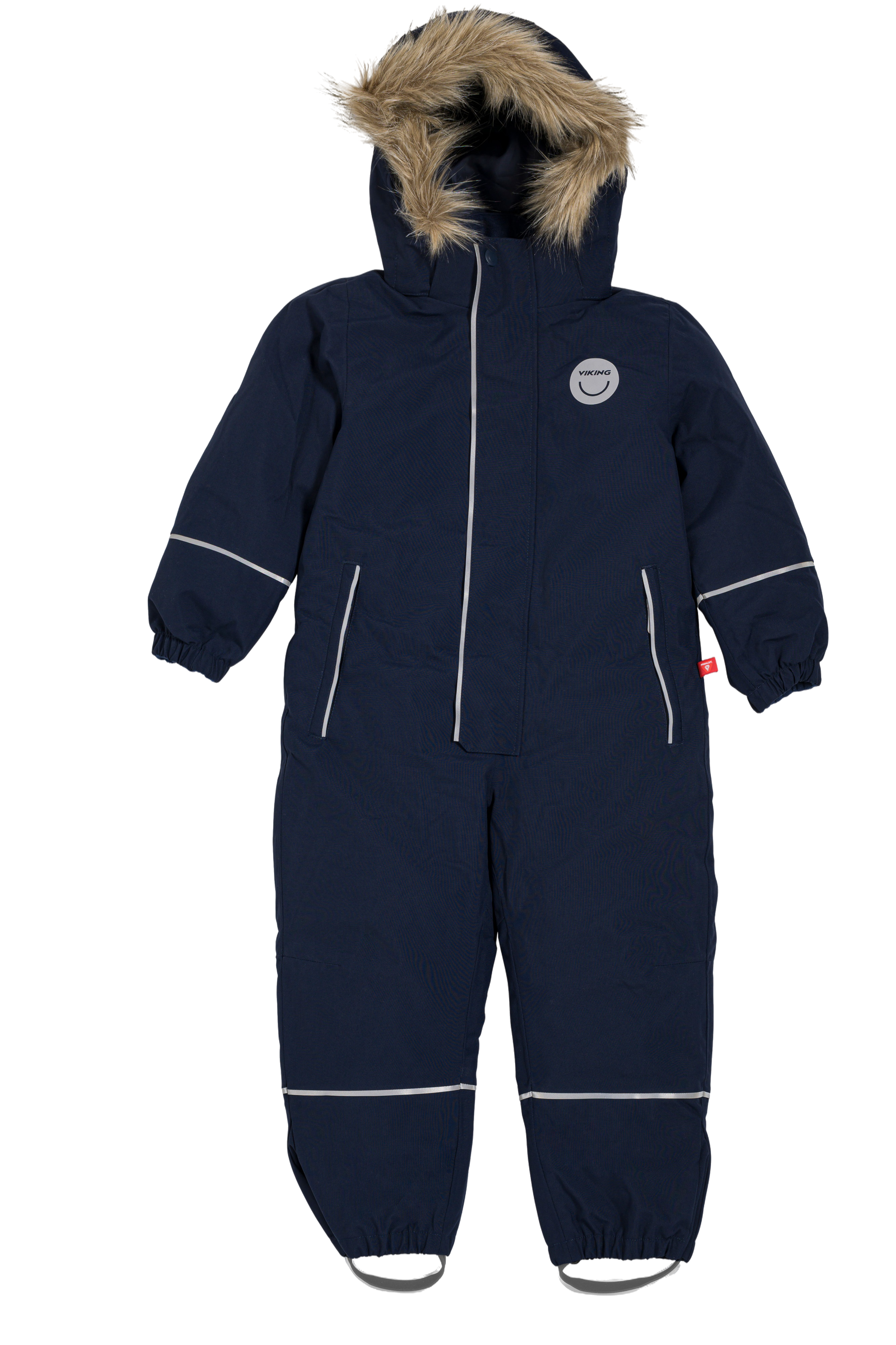 Marineblå barnedress med pelsfôret hette, glidelås, lommer og refleksdetaljer, forfra.