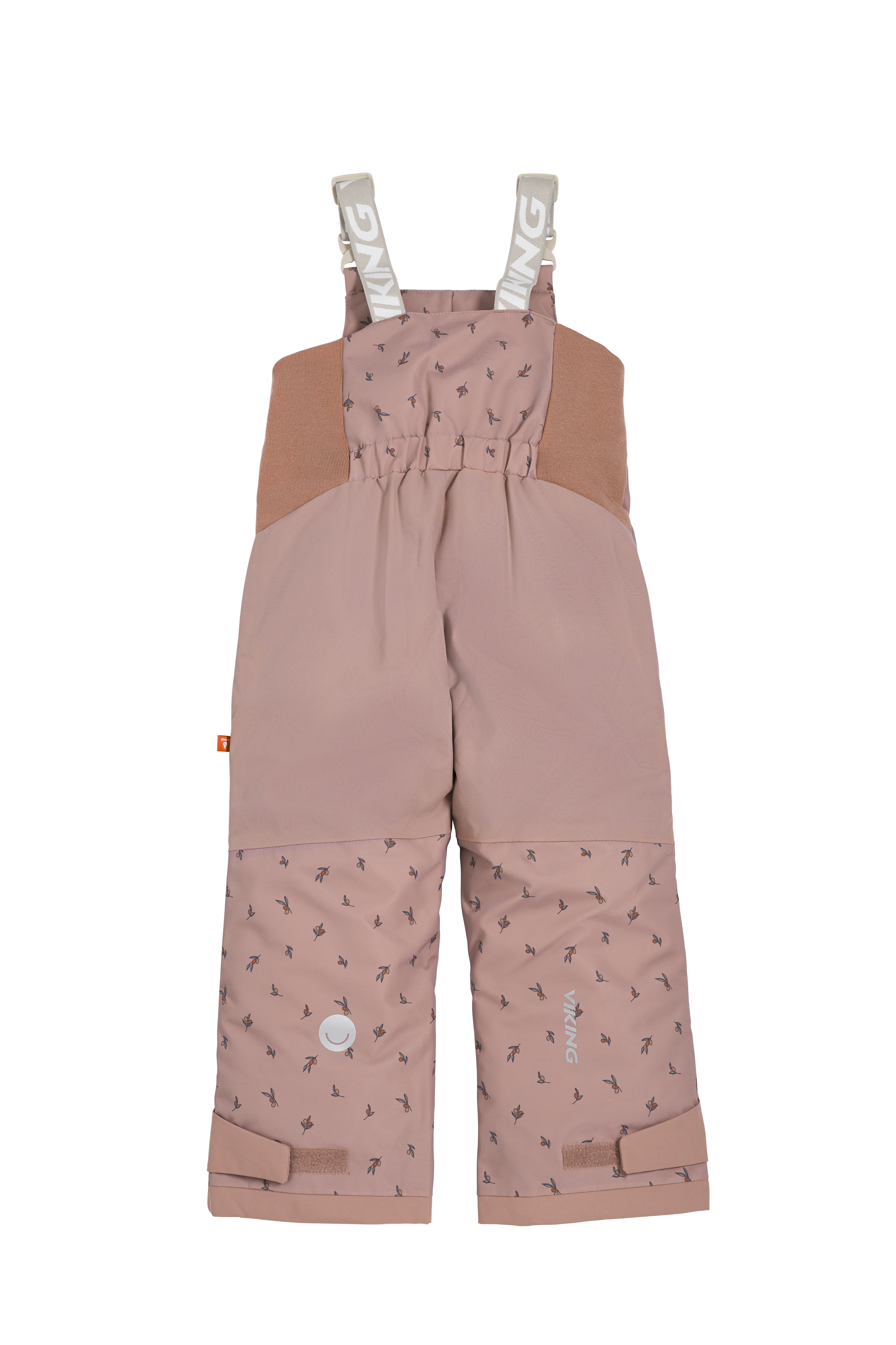 Barns støvrosa mønstrede snøoverall med brune sidepaneler og grå tekst-seler.