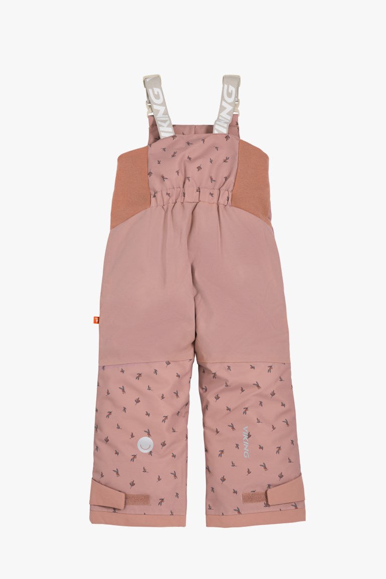 Barns støvrosa mønstrede snøoverall med brune sidepaneler og grå tekst-seler.
