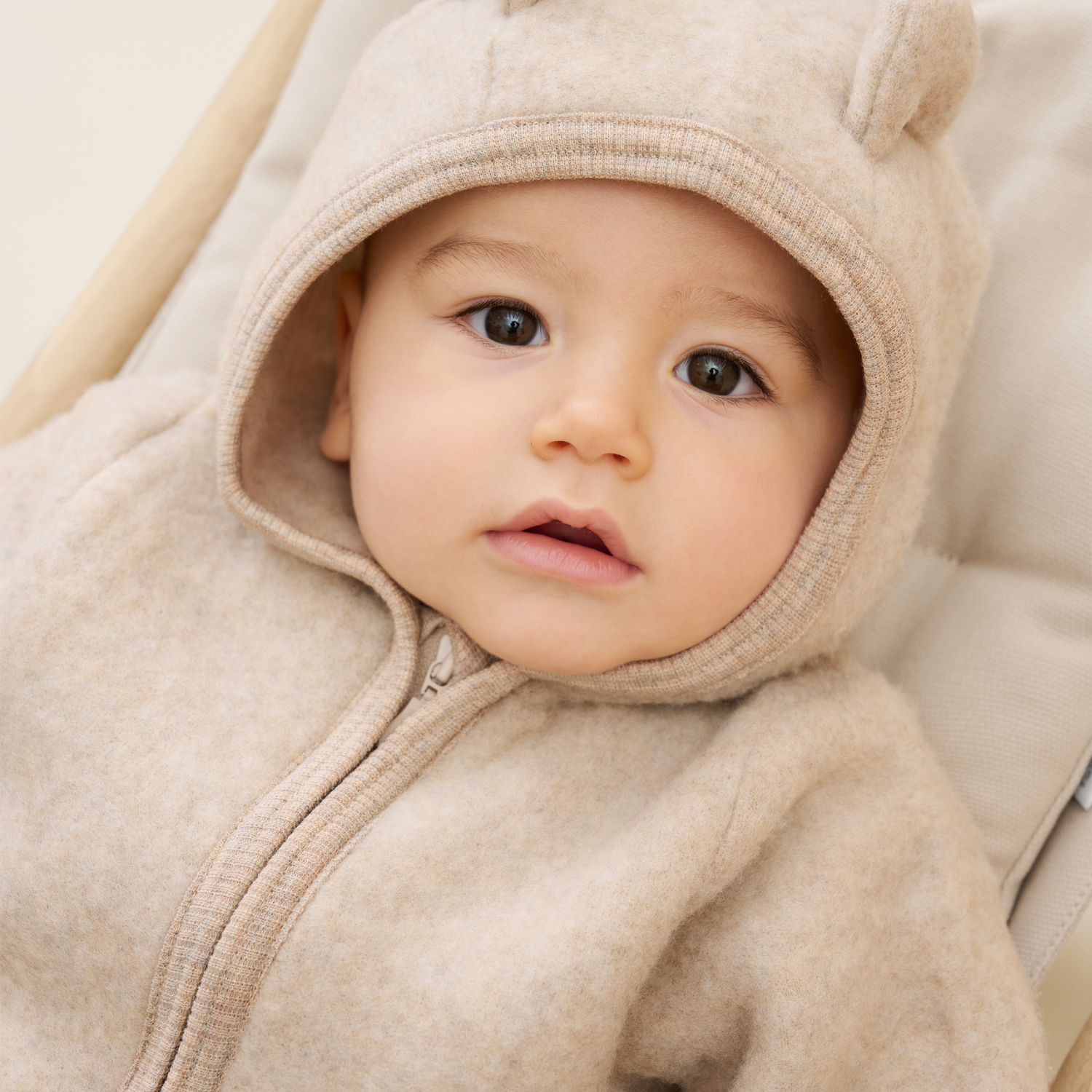 HutteliHut Pram Suit Ears Wool Fleece Brun - 11050674-Camel Mela-62 cm - 1