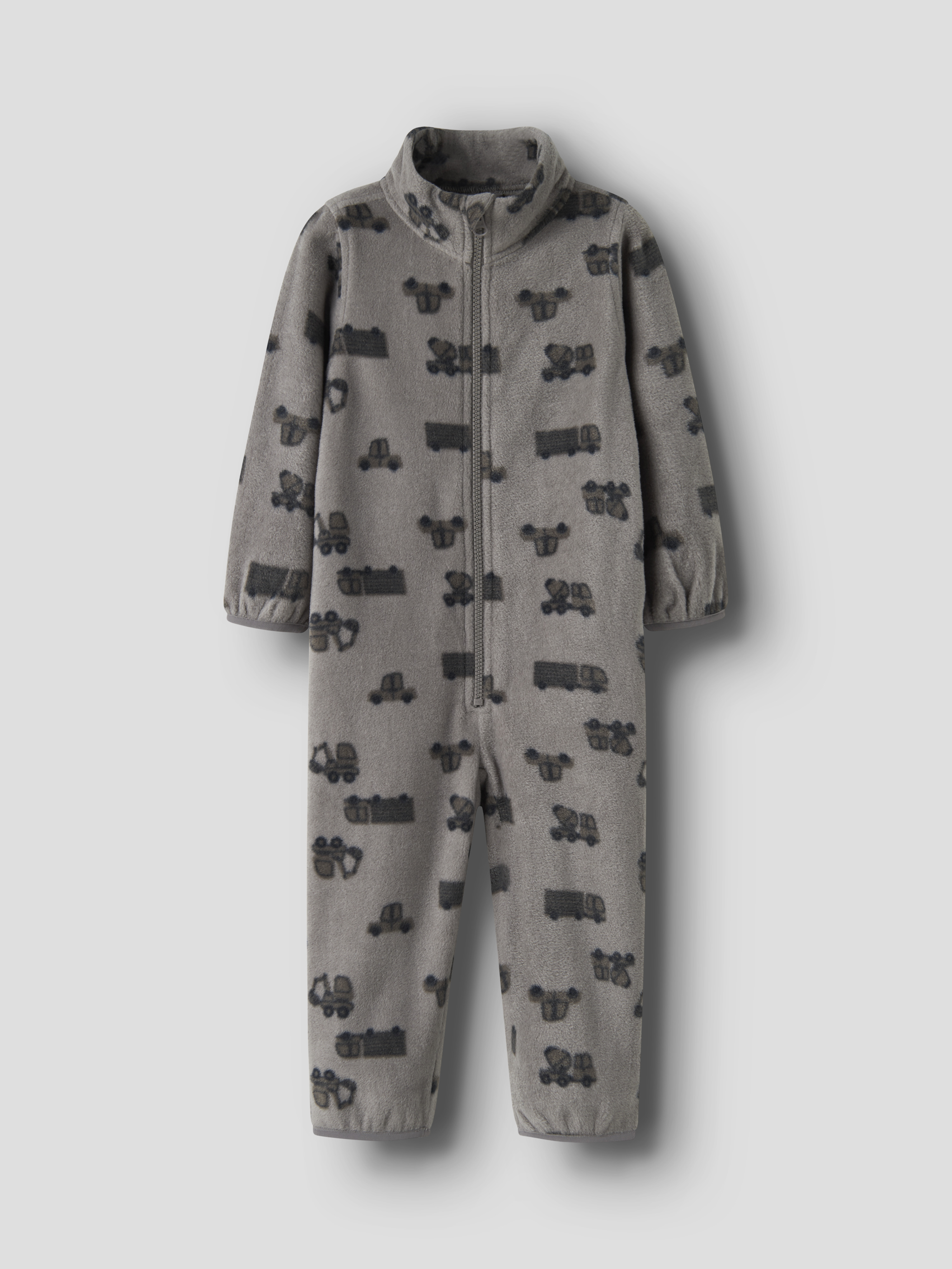Barns grå fleece-kosedress med mørkegrått lastebilmønster og hel glidelås foran.