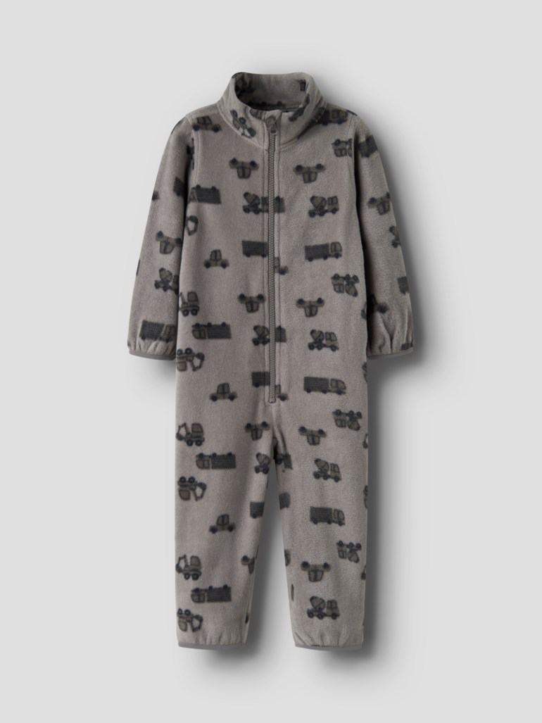 Barns grå fleece-kosedress med mørkegrått lastebilmønster og hel glidelås foran.