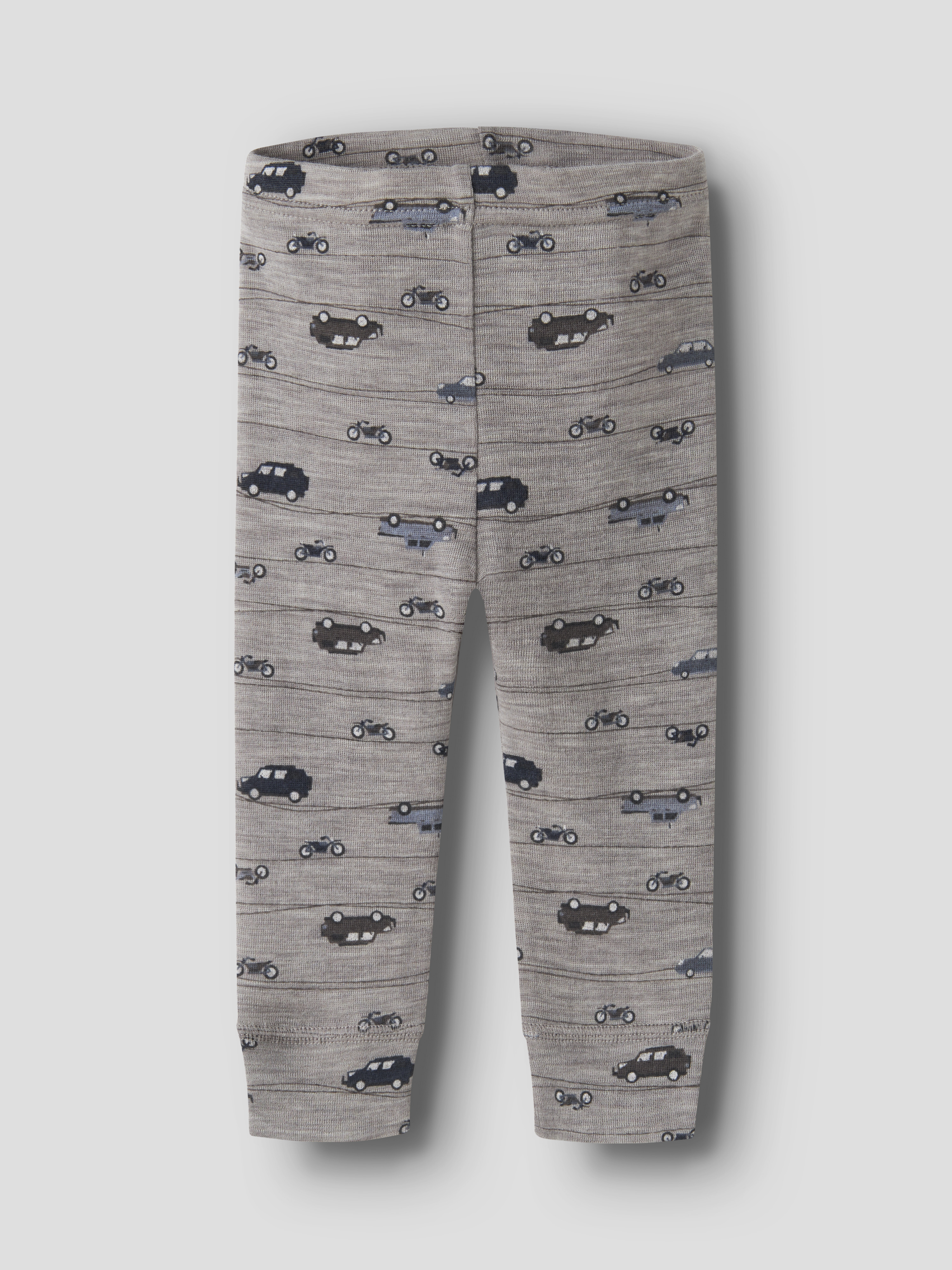 Barns grå mønstrede leggings med små biler og motorsykler.
