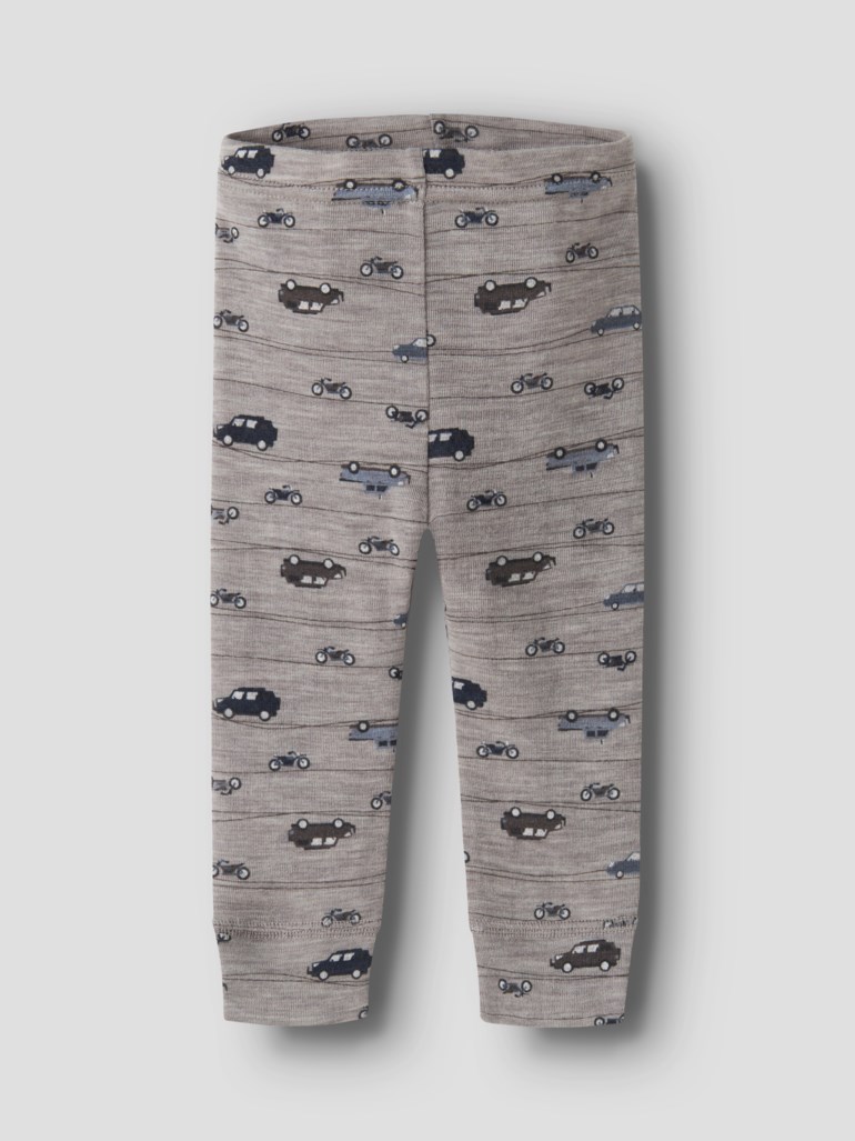 Barns grå mønstrede leggings med små biler og motorsykler.