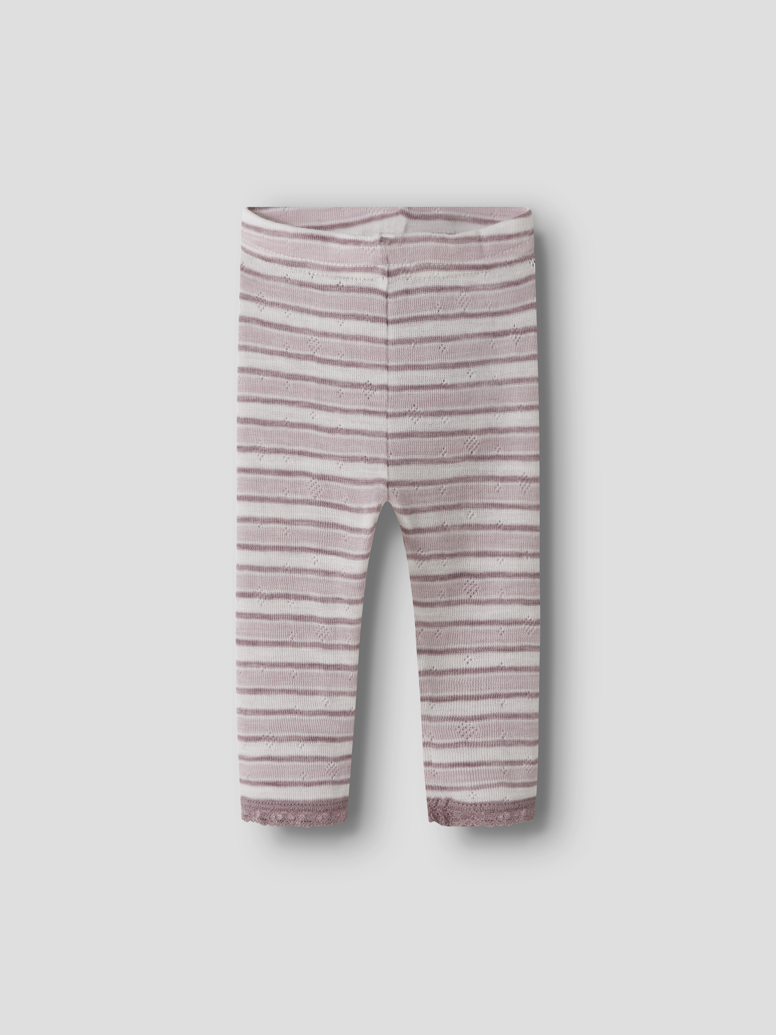 Sett forfra, stripete baby leggings med lysrosa og hvite striper, strikket kvalitet og blondekant.