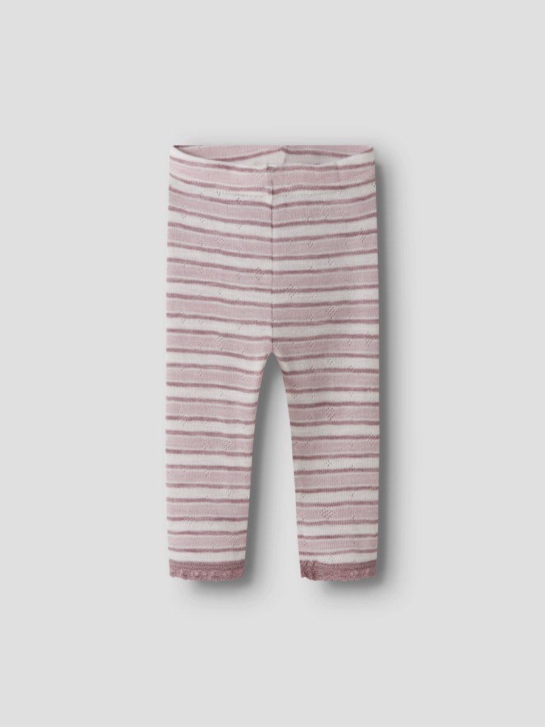Sett forfra, stripete baby leggings med lysrosa og hvite striper, strikket kvalitet og blondekant.