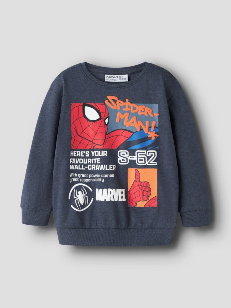 Mørkegrå langermet sweatshirt for barn med Spider-Man-trykk, rund hals og ribbestrikkede detaljer.