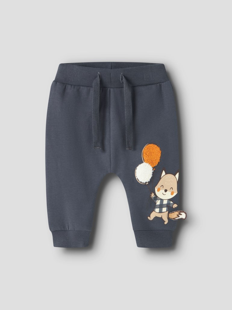 Mørkegrå babyjoggebukser med elastisk midje, snøring, ribbekanter og en rev- og ballongapplikasjon.