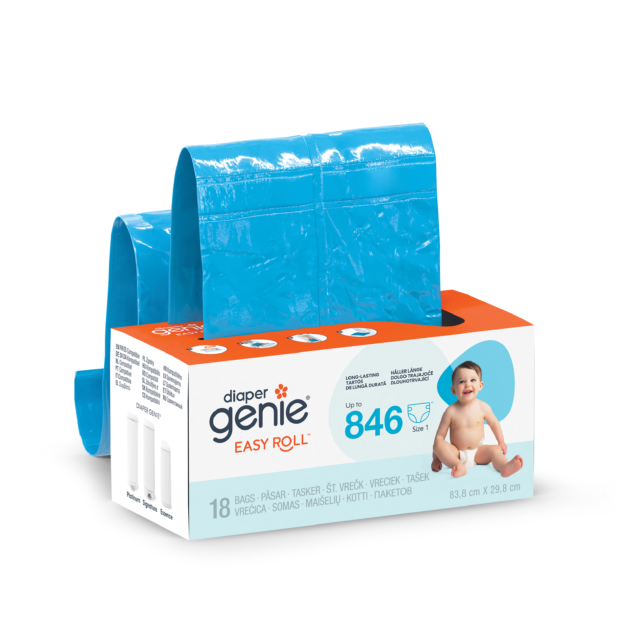 Hvit produktboks med blå plastposer som rulles ut, med en baby i bleie.