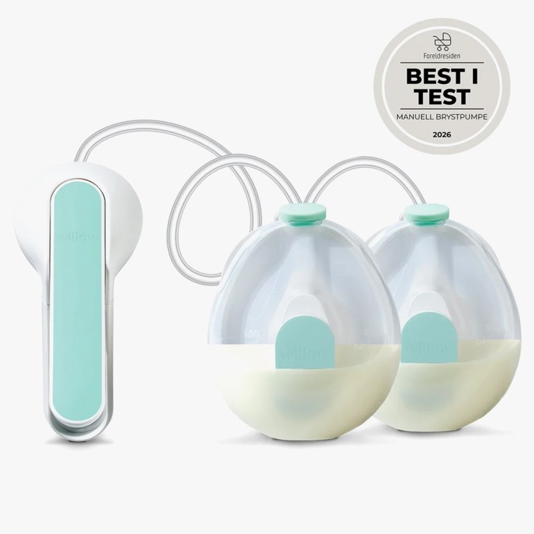 Hvit og mintgrønn dobbel elektrisk brystpumpe, to melkeoppsamlingsflasker og et "BEST I TEST"-merke.