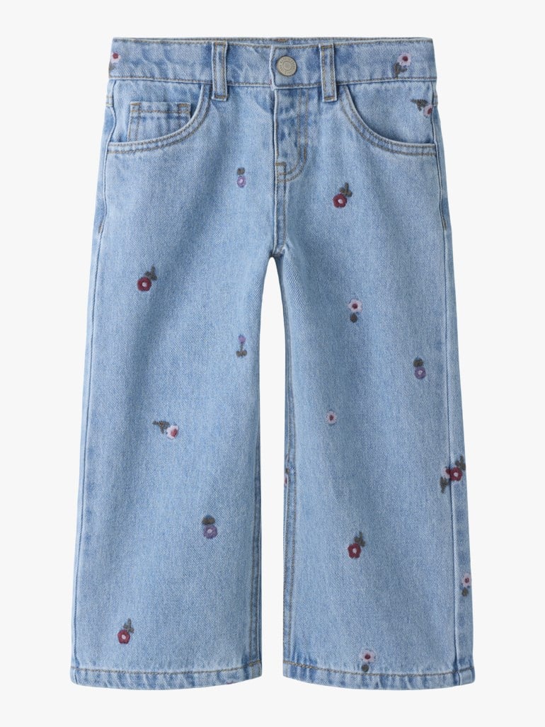 Barne lyseblå denim wide-leg jeans med fargerike blomsterbroderier, forfra.