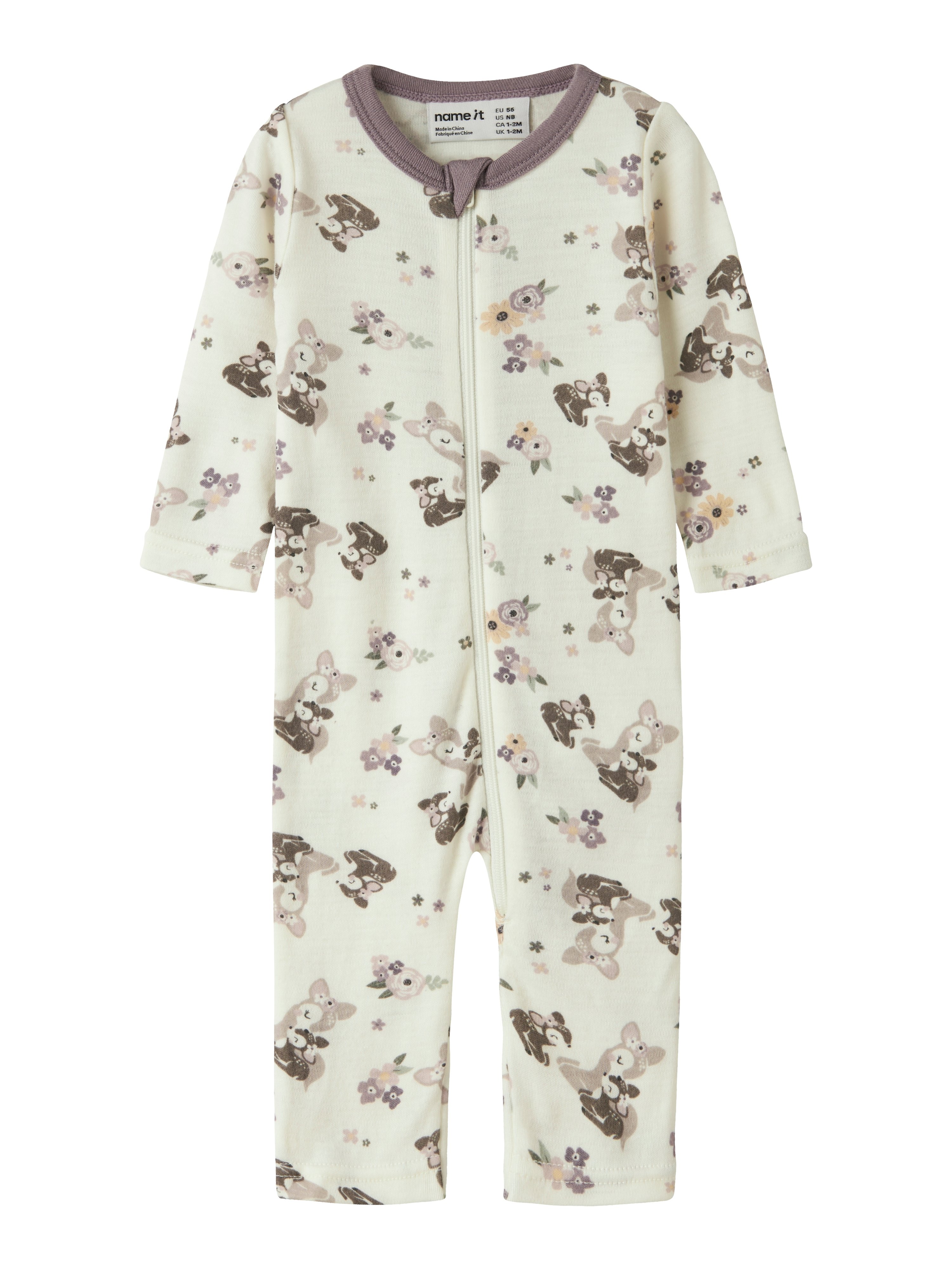 Baby kremfarget sparkedress med lilla krage, blomster- og dådyrmønster, hel glidelås.
