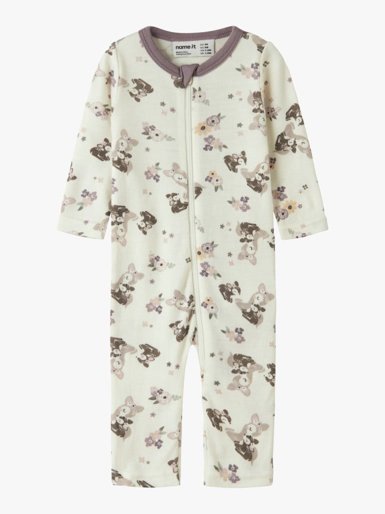 Baby kremfarget sparkedress med lilla krage, blomster- og dådyrmønster, hel glidelås.