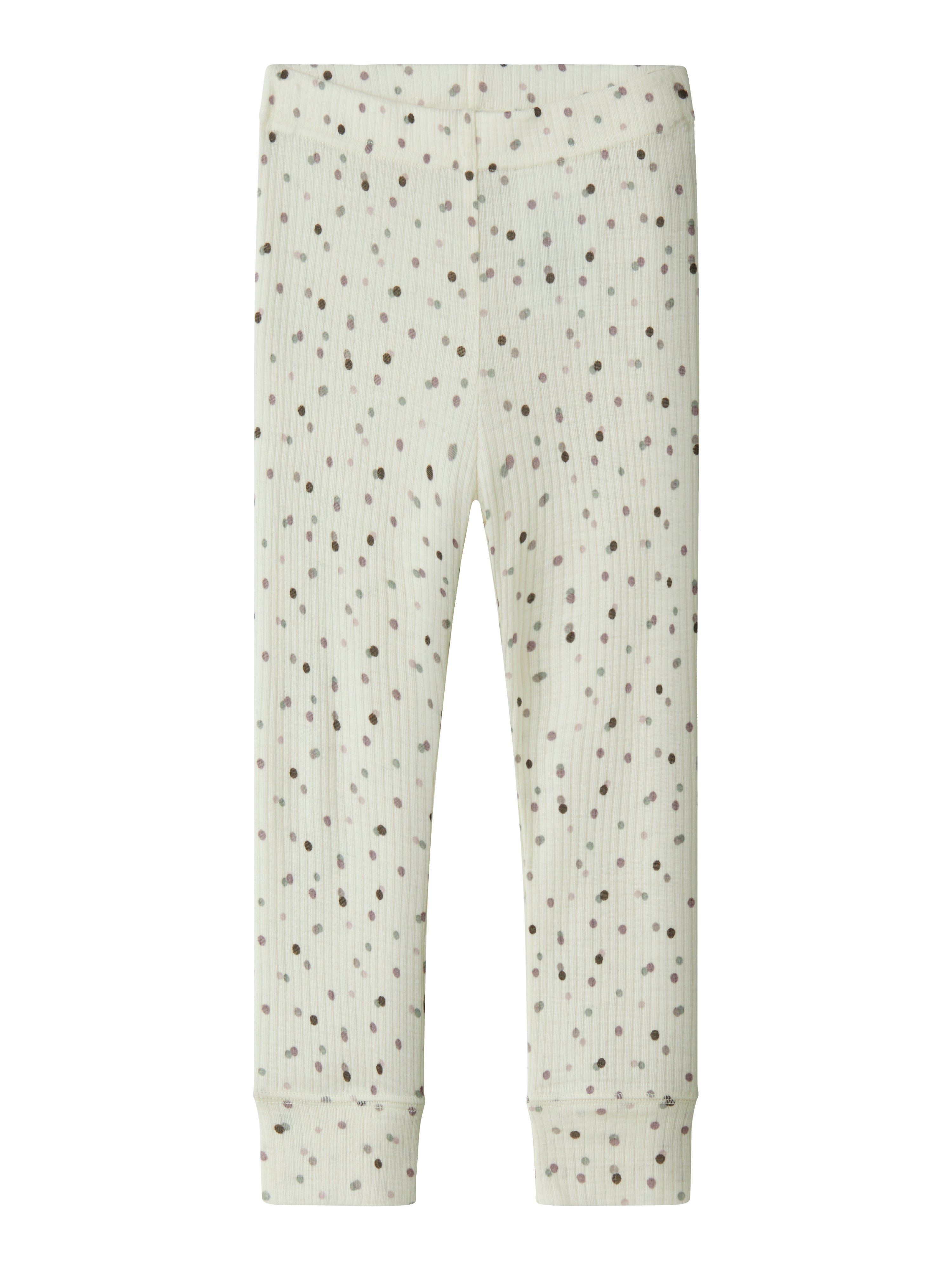 Ribbede barn leggings i lys beige med spredte grå og mørkegrå prikker, forfra.