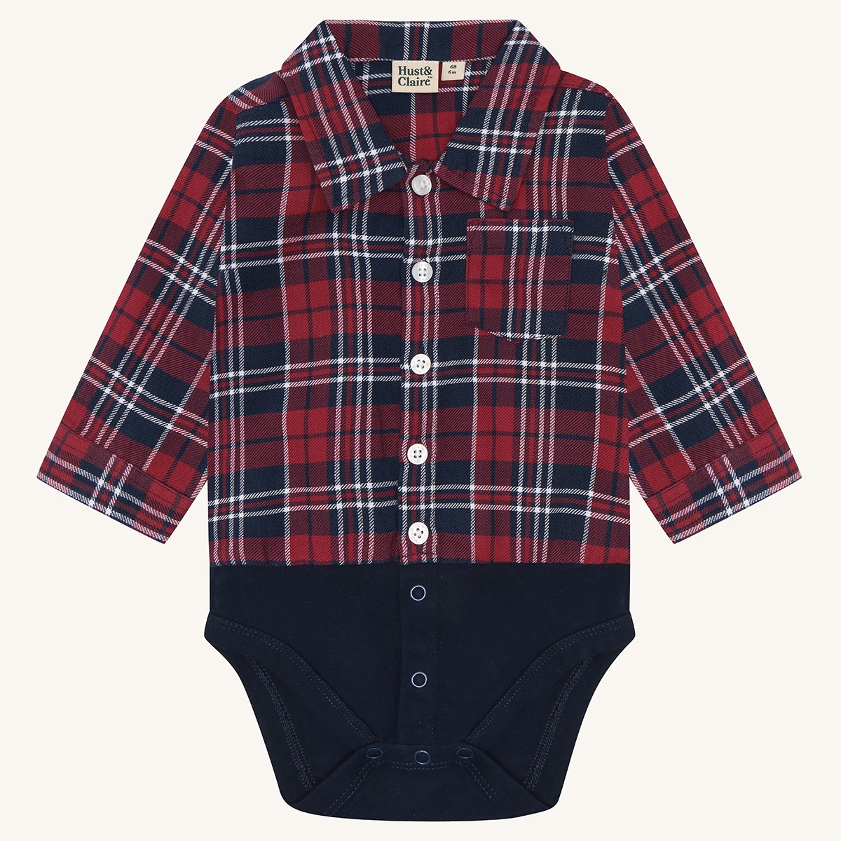 Babyens rød-, marineblå- og hvitrutete langermede body med krage, knapper foran og trykknapper i skrittet.