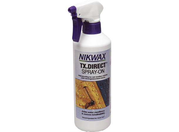 Hvit Nikwax TX.DIRECT SPRAY-ON flaske med lilla sprayutløser og kork, med en produktetikett.