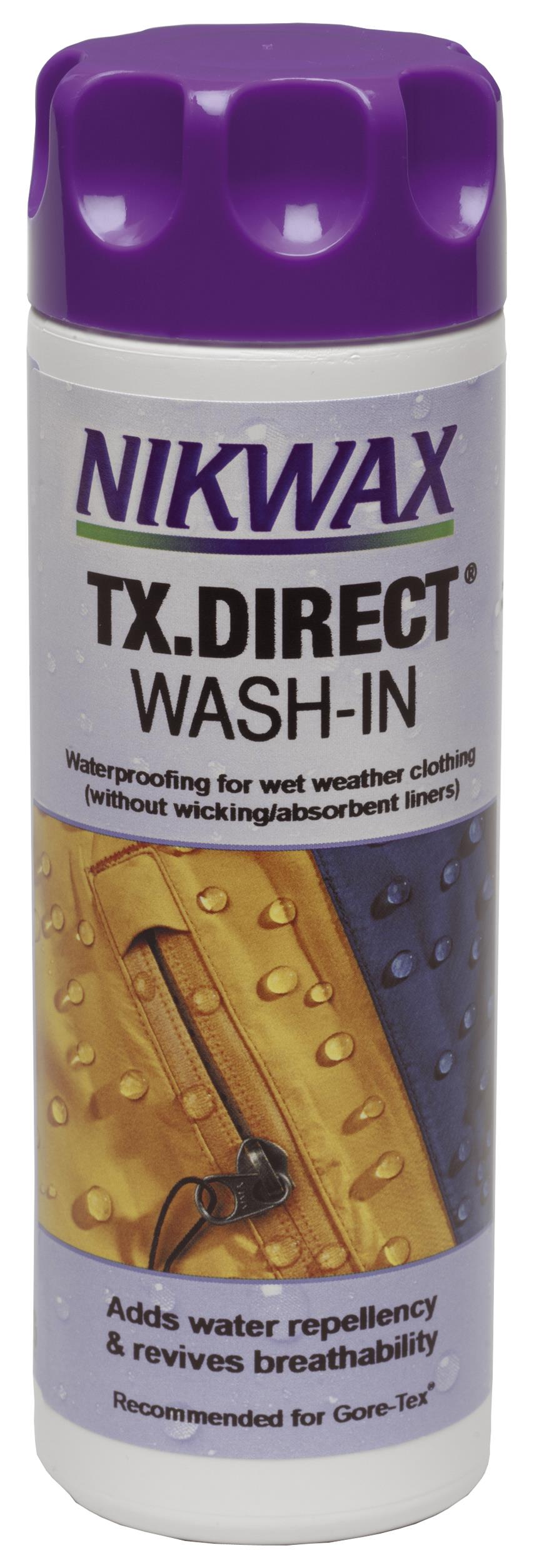 Hvit Nikwax TX.Direct Wash-In flaske med lilla kork, viser en gul vanntett jakkegrafikk.