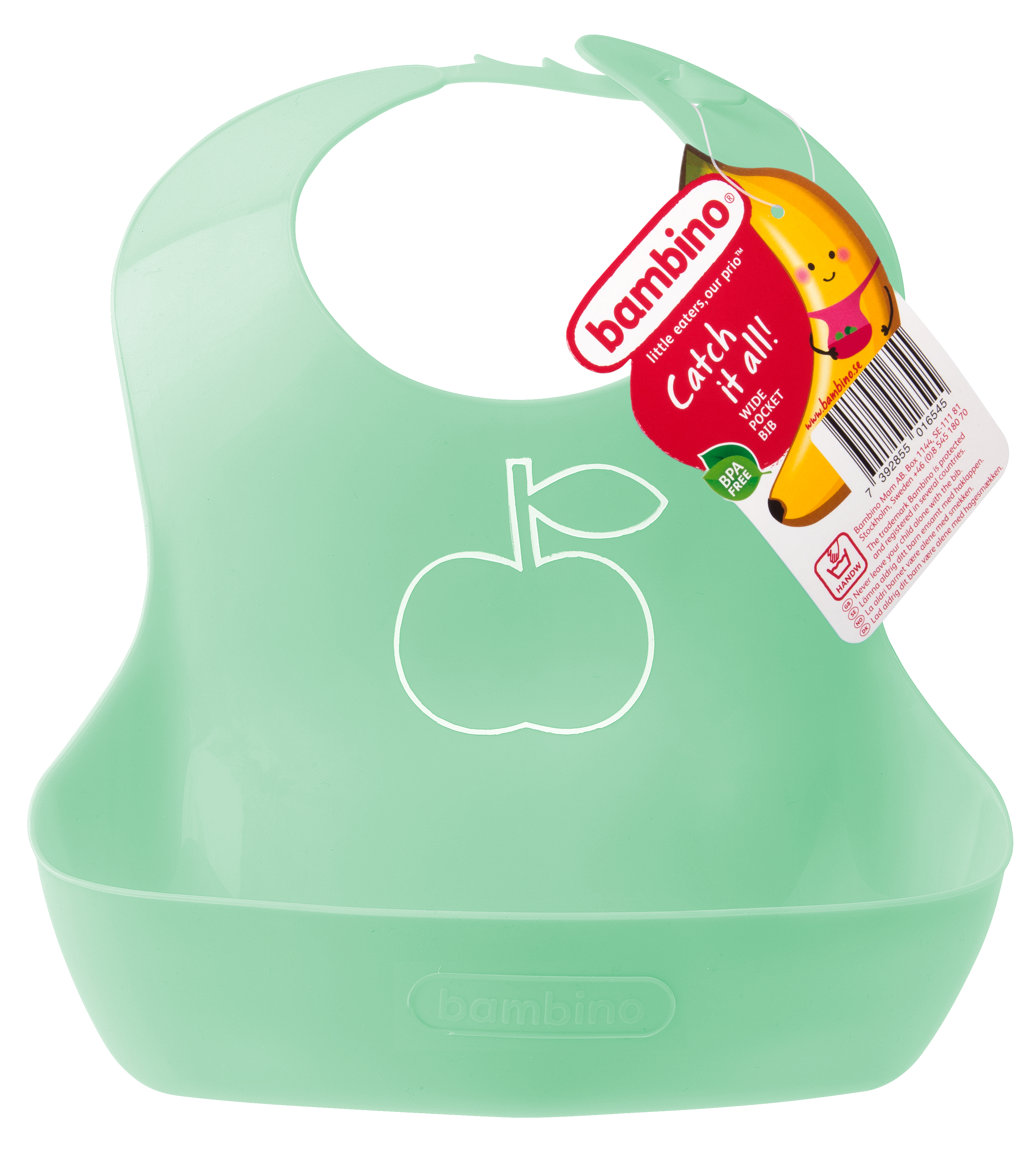 Mintgrønn silikonsmekke for baby med eplegrafikk, bred oppsamlingslomme og en festet produktetikett.