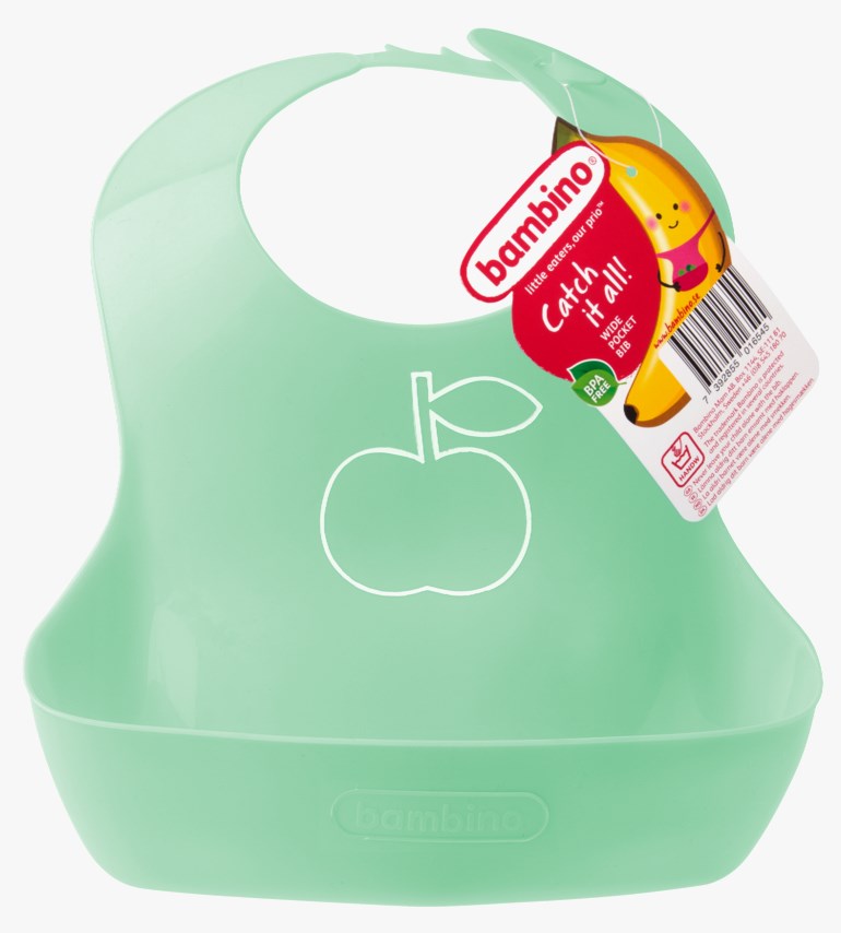 Mintgrønn silikonsmekke for baby med eplegrafikk, bred oppsamlingslomme og en festet produktetikett.