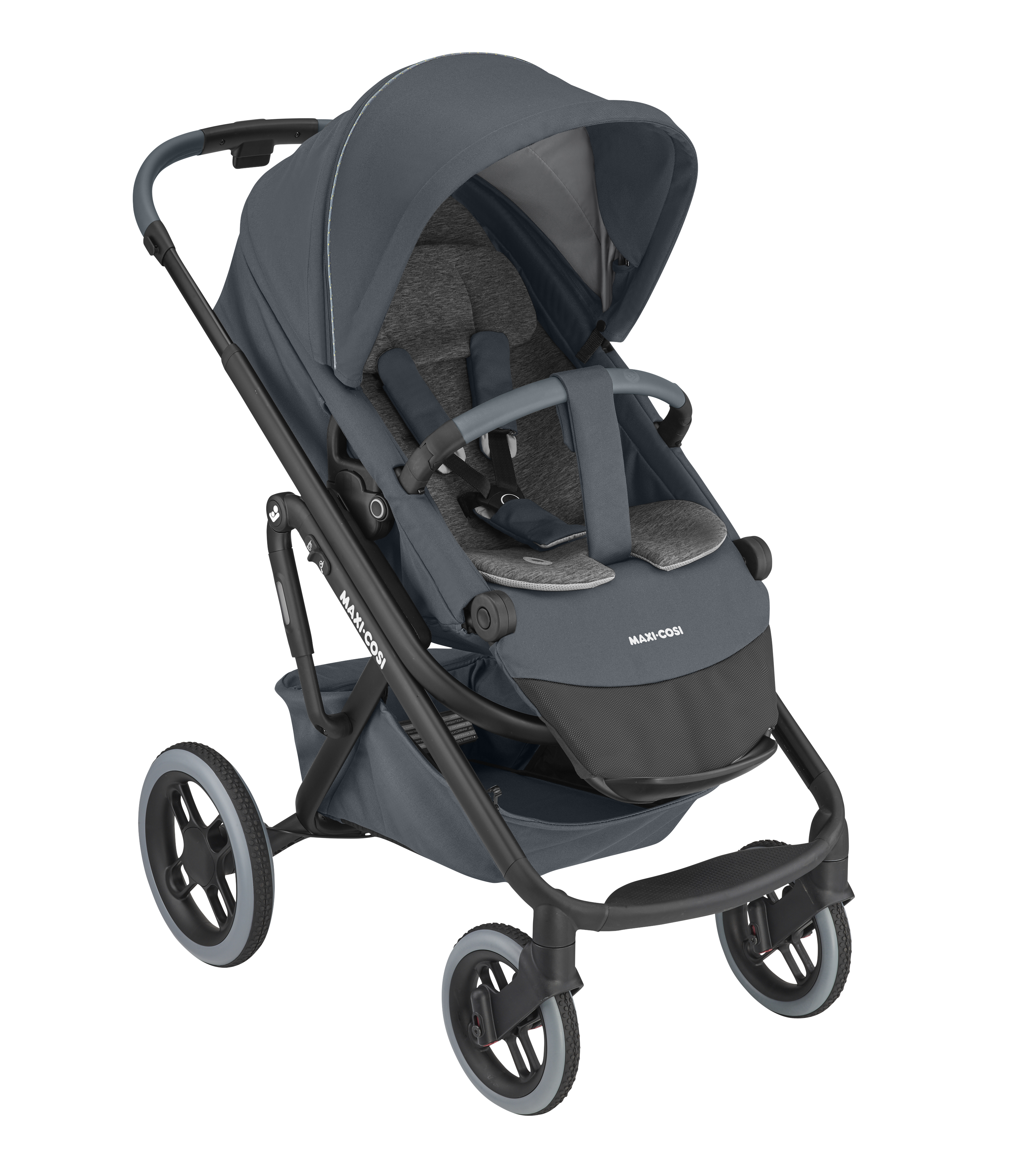 Mørkegrå barnevogn med lysegrå detaljer, sikkerhetssele, kalesje og oppbevaringskurv.